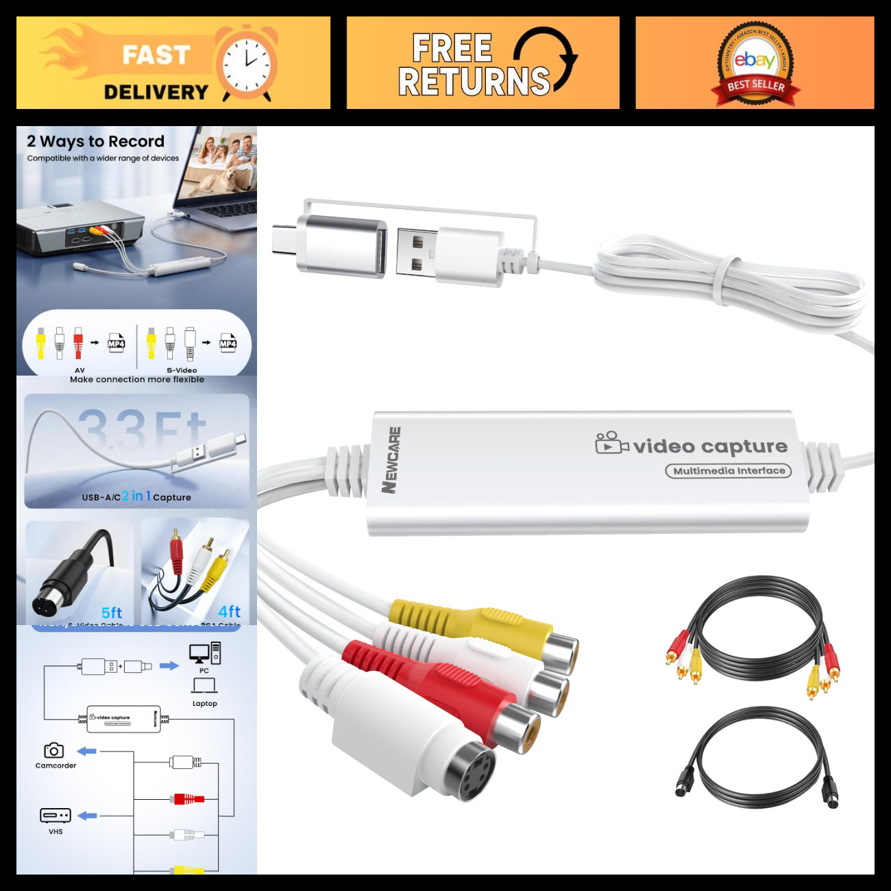 VHS to Digital Converter - 3.3ft USB Video Capture Card, USB-A/Type-C 2-in-1
