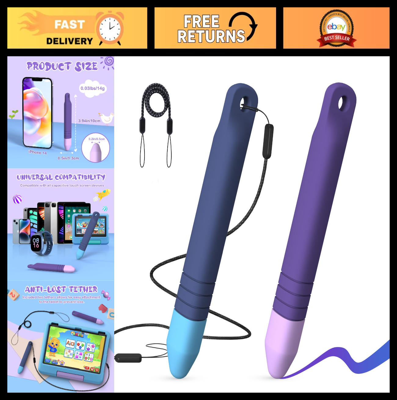 Kid-Friendly Touch Screen Stylus Pens 2-Pack with Tethers - Anti-Rolling, Compat