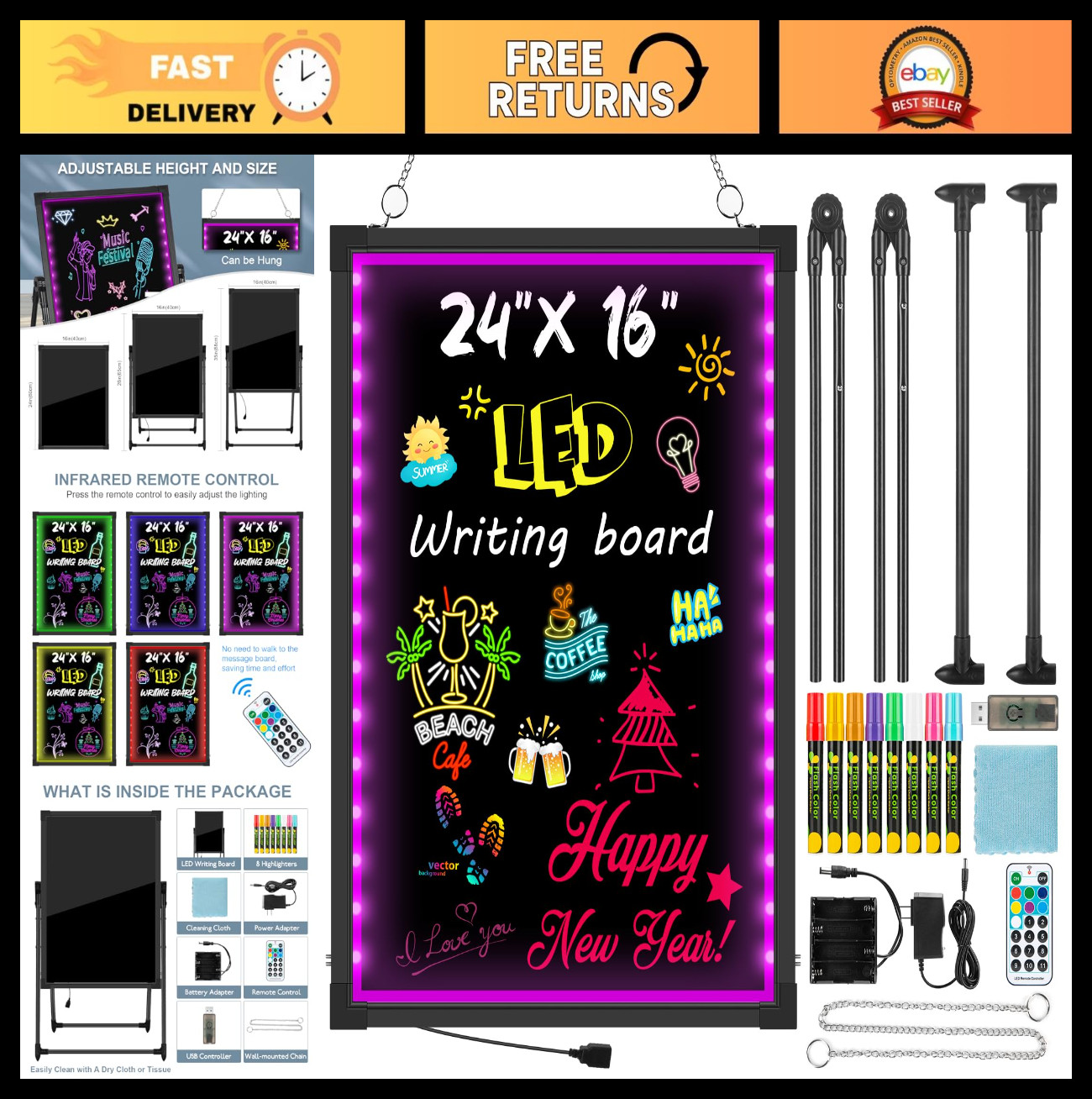 24" x 16" LED Writing Board with Remote - Neon Effect Menu Sign, 8 Markers & Era