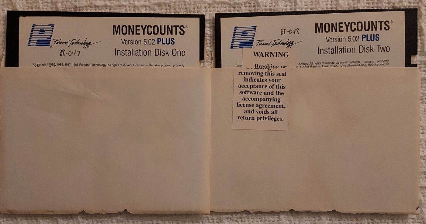 Vintage Parsons Technology MoneyCounts Software - Two 5.25" Floppy Disks