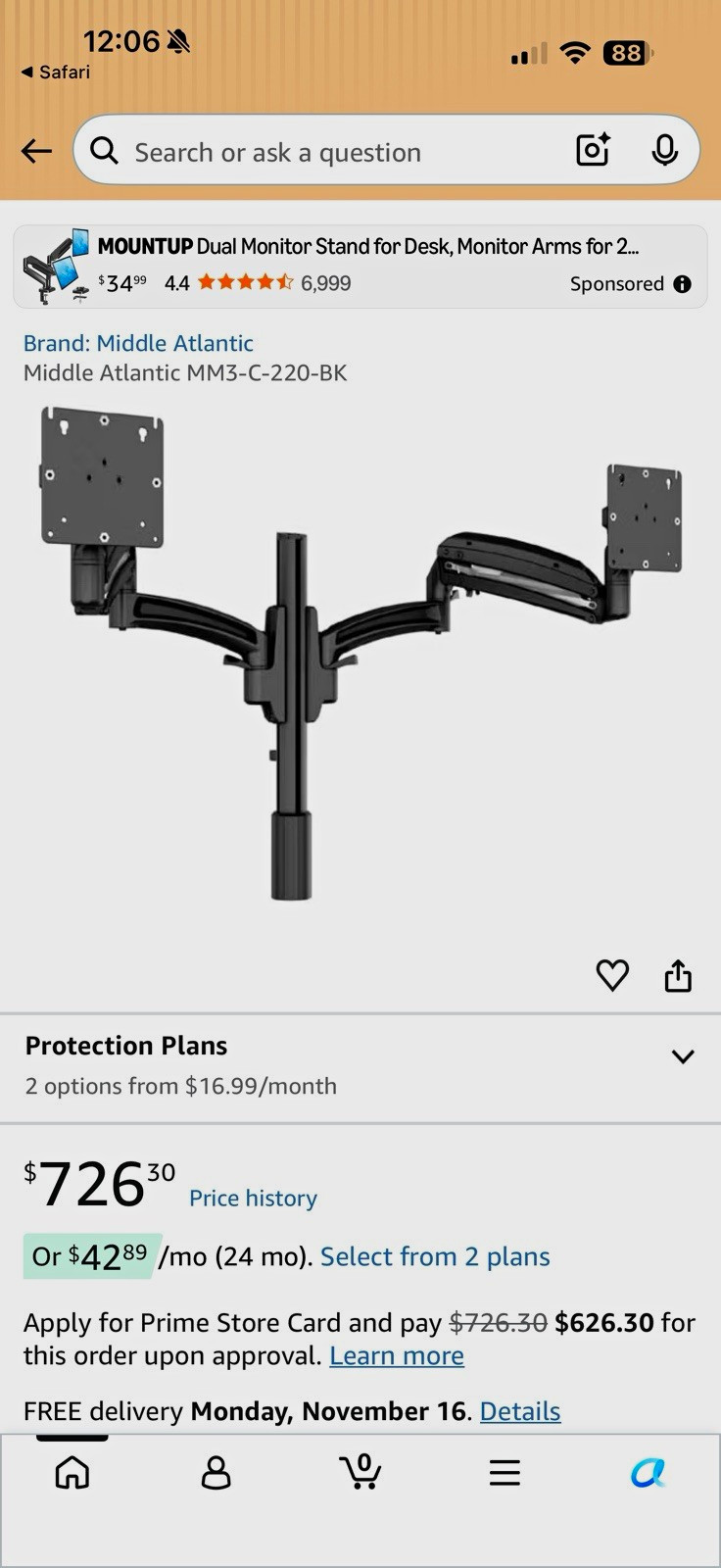 Middle Atlantic MM3-C-220-BK Dual Monitor Desk Mount Tilt & Rotate, Black