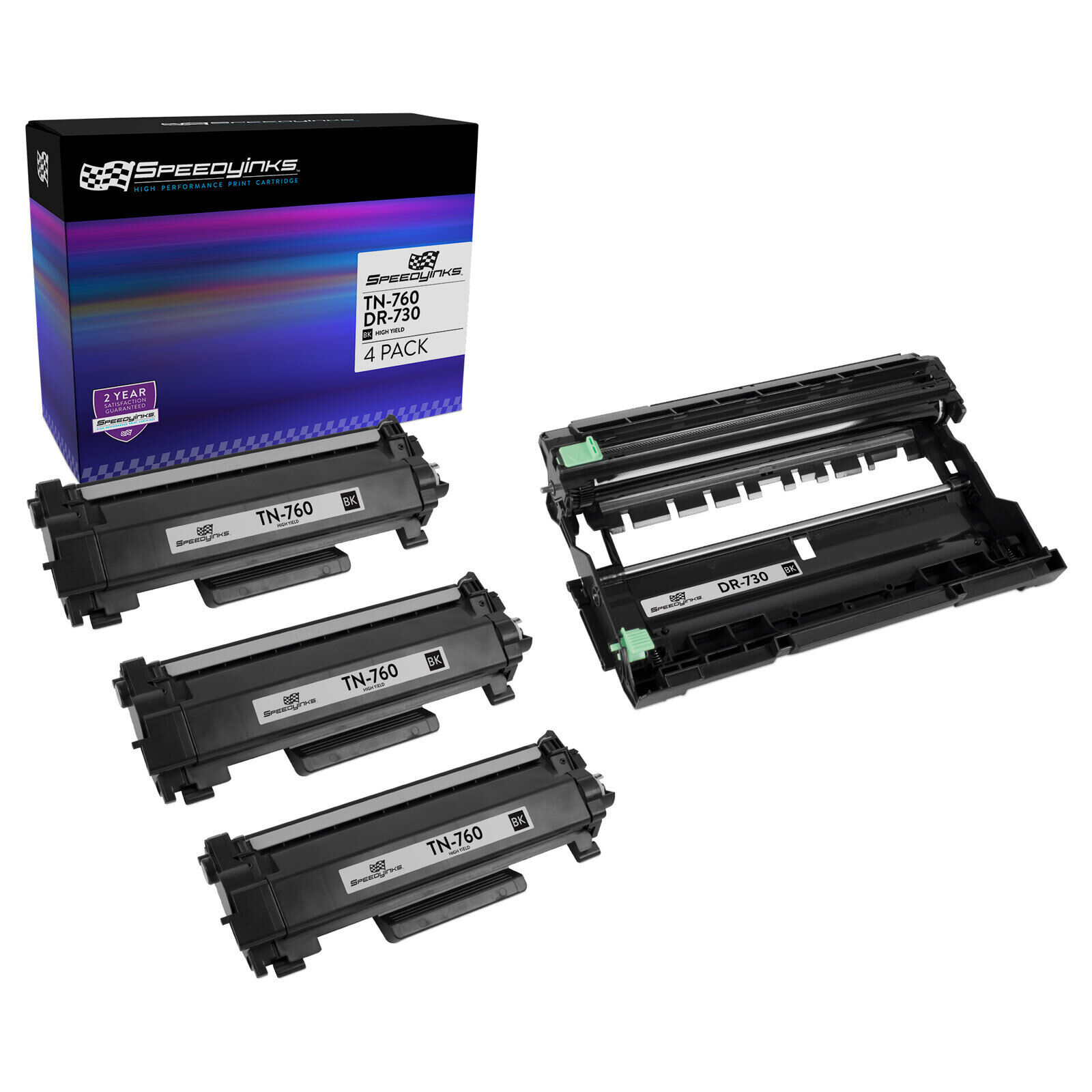 SPEEDYINKS 4PK Replacements for Brother TN760 Black Toner Cartridge & DR730 Drum