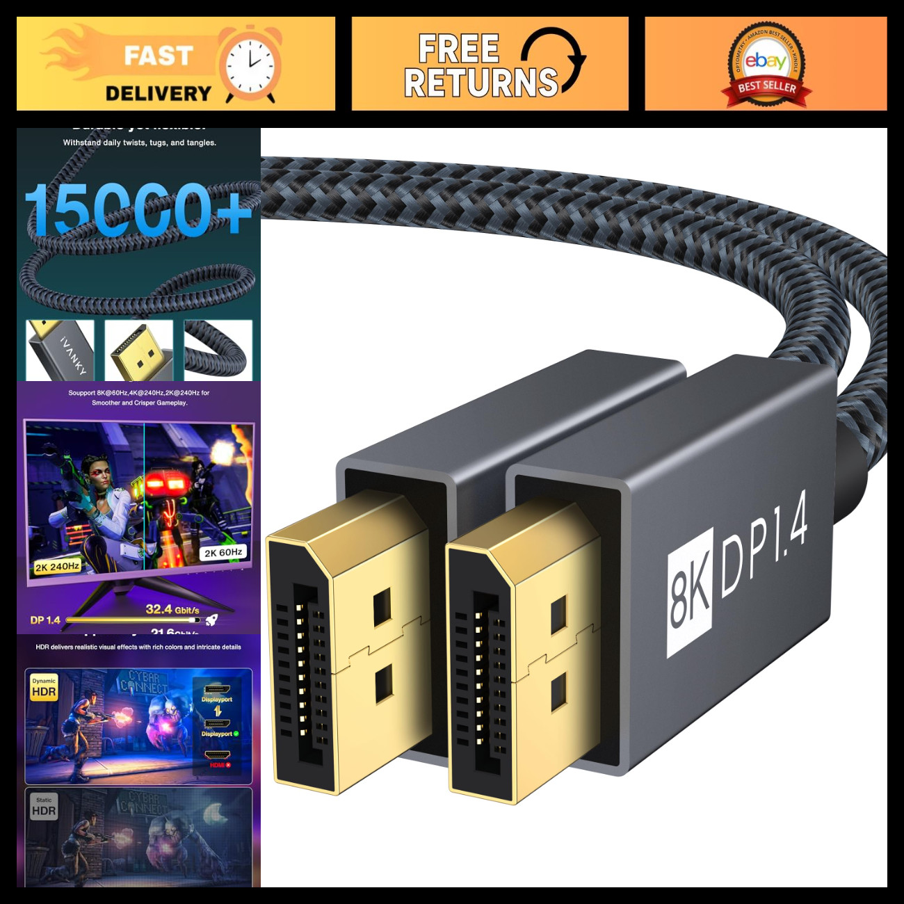 8K DisplayPort Cable 1.4, 32.4Gbps High-Speed DP Cord, 6.6ft - Grey