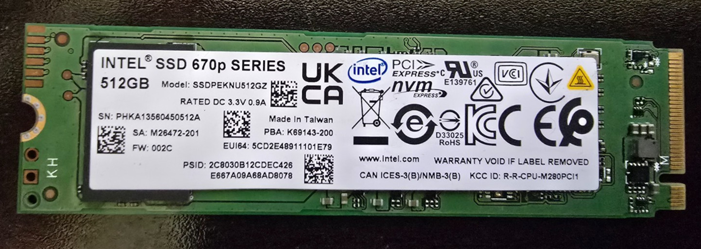 Intel SSDPEKNU512GZ 512GB NVMe SSD 87% Health Tested Working Sanitized