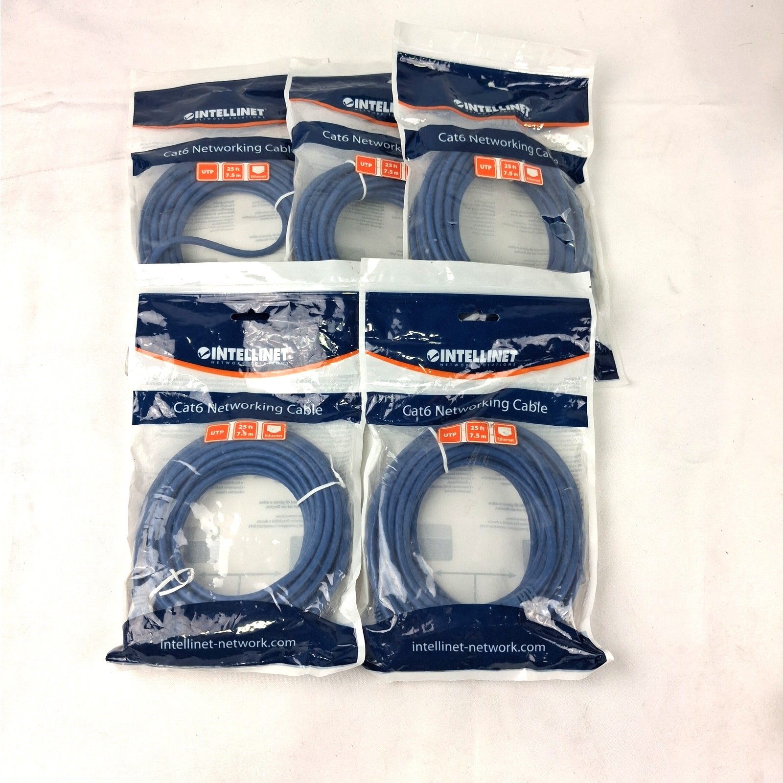 Lot of 5 Intellinet 25ft Cat6 Network Patch Cable RJ45 Ethernet Blue 342629