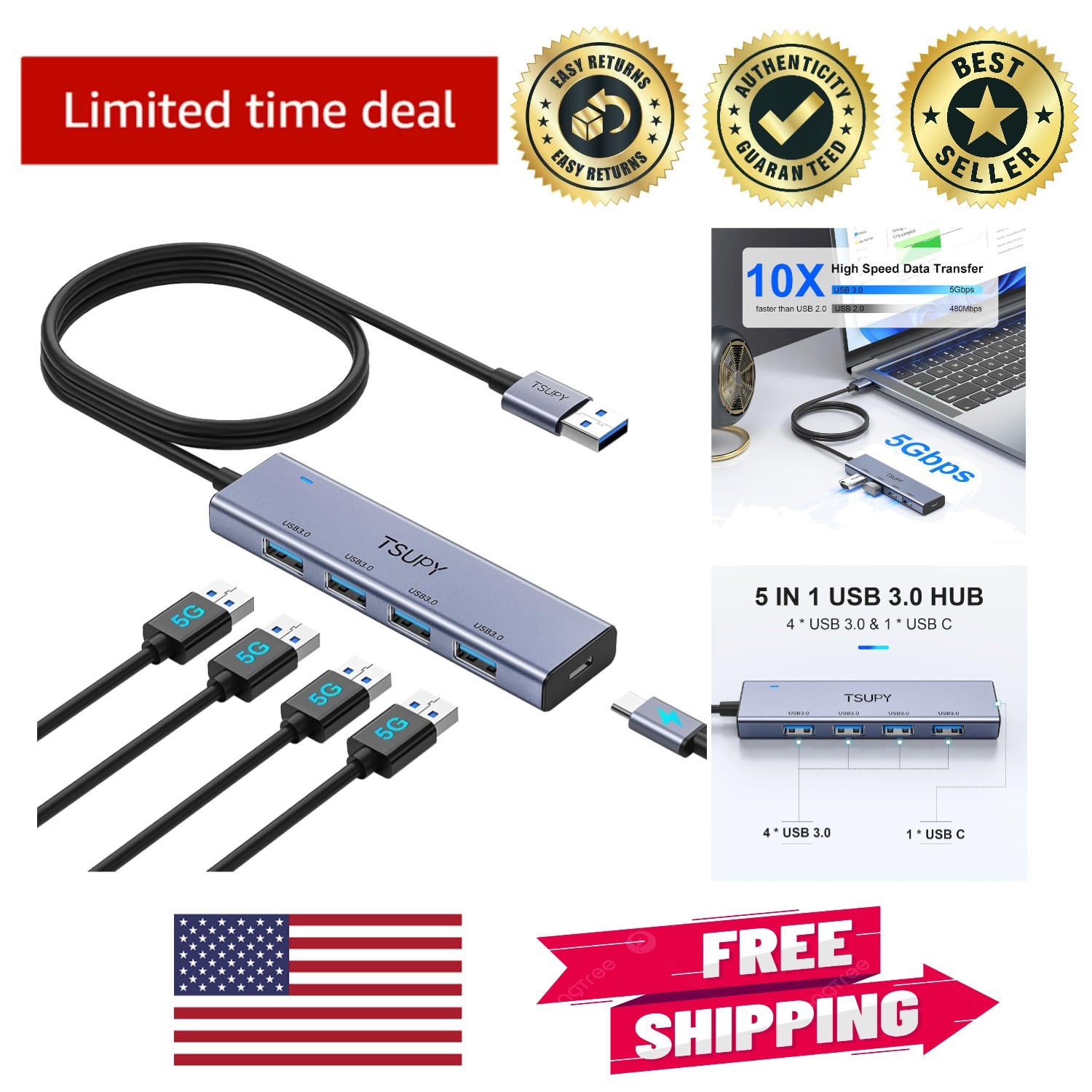 Aluminium USB Hub with 5 Ports & 4ft Extended Cable for Multi-Device Use