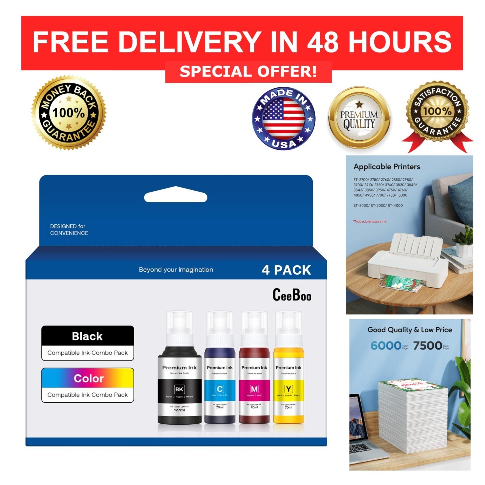 Epson 502 Compatible Ink Refill Bottles Black Cyan Magenta Yellow 4 Pack