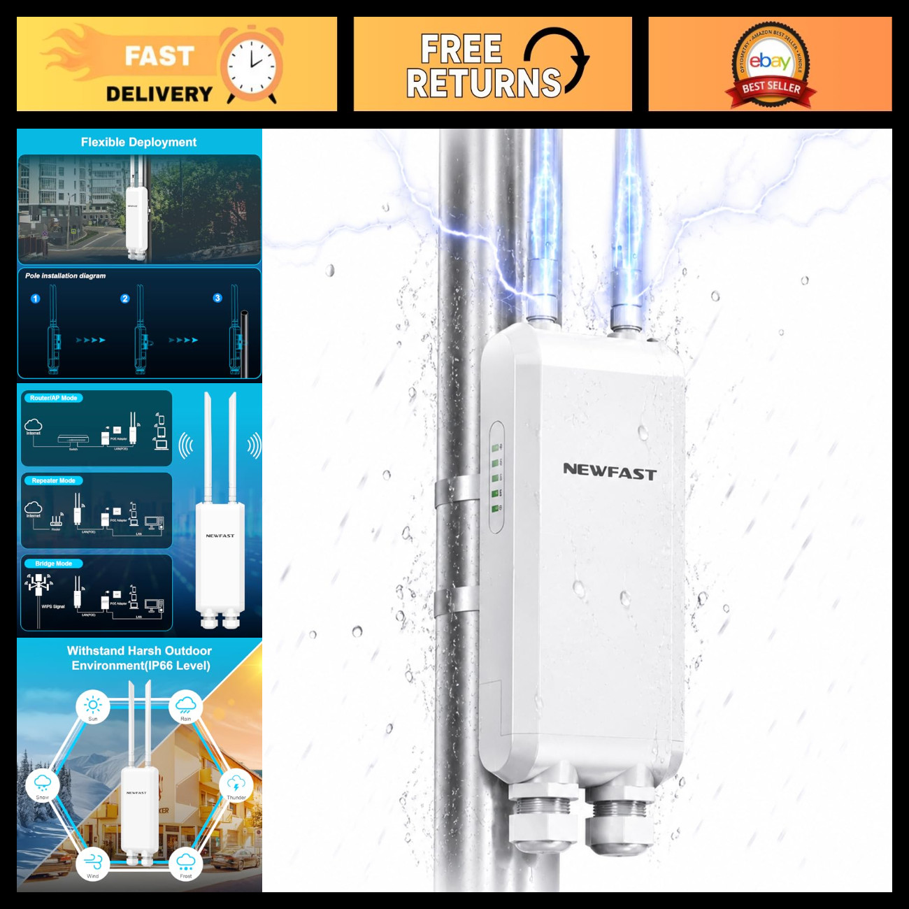 AC1200 Outdoor WiFi Extender Long Range, IP66 Weatherproof, High-Speed Signal Bo
