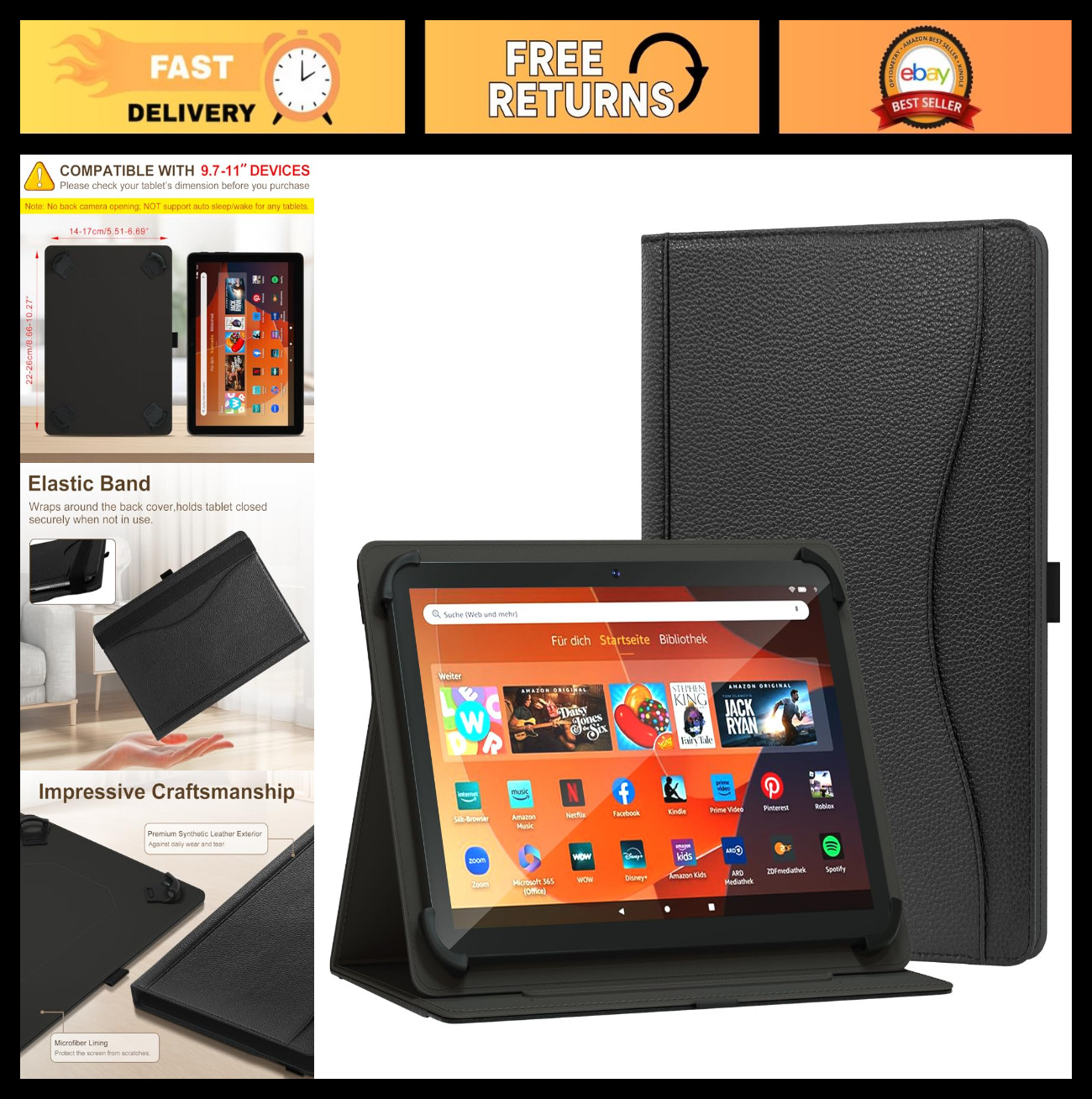 Universal 10-11 Inch Tablet Case, Multi-Angle Stand Cover with Pocket, Black