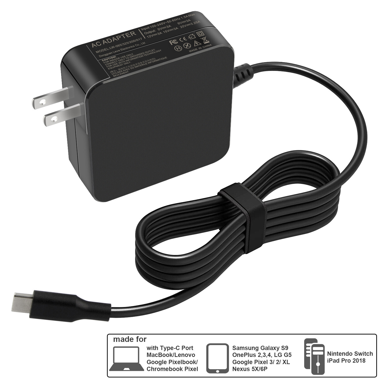 65W USB-C Type-C AC Power Supply Adapter Charger for Lenovo HP Acer Asus Dell