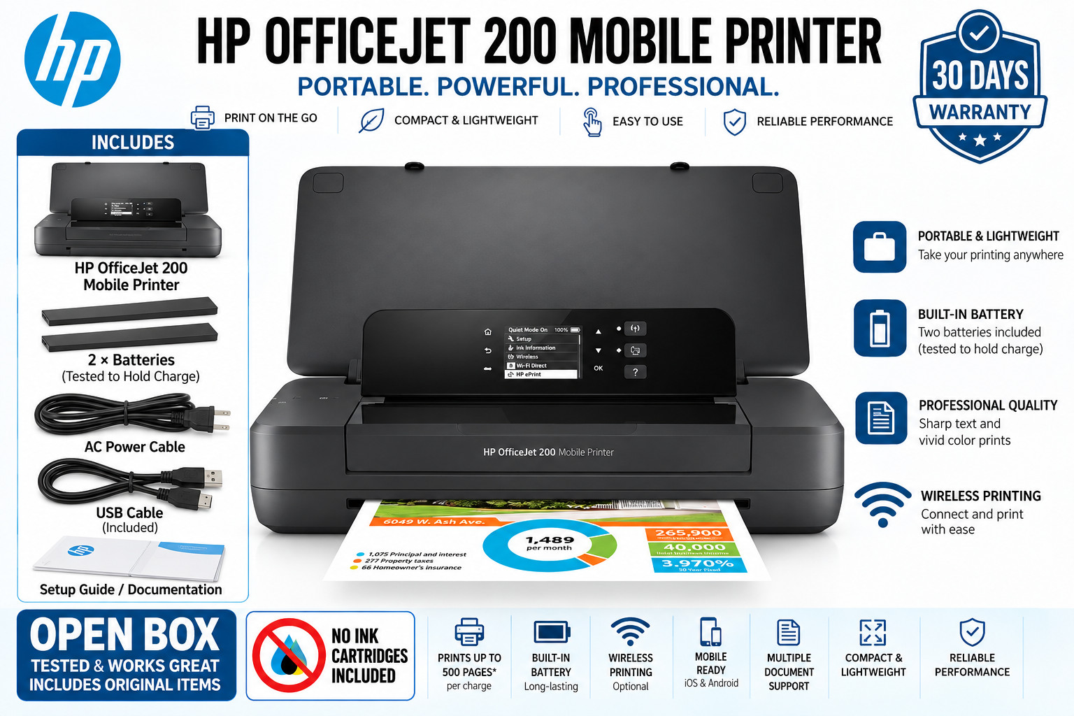 HP OfficeJet 200 Mobile Wireless Printer CZ993A Open Box +2 Batteries Tested 000