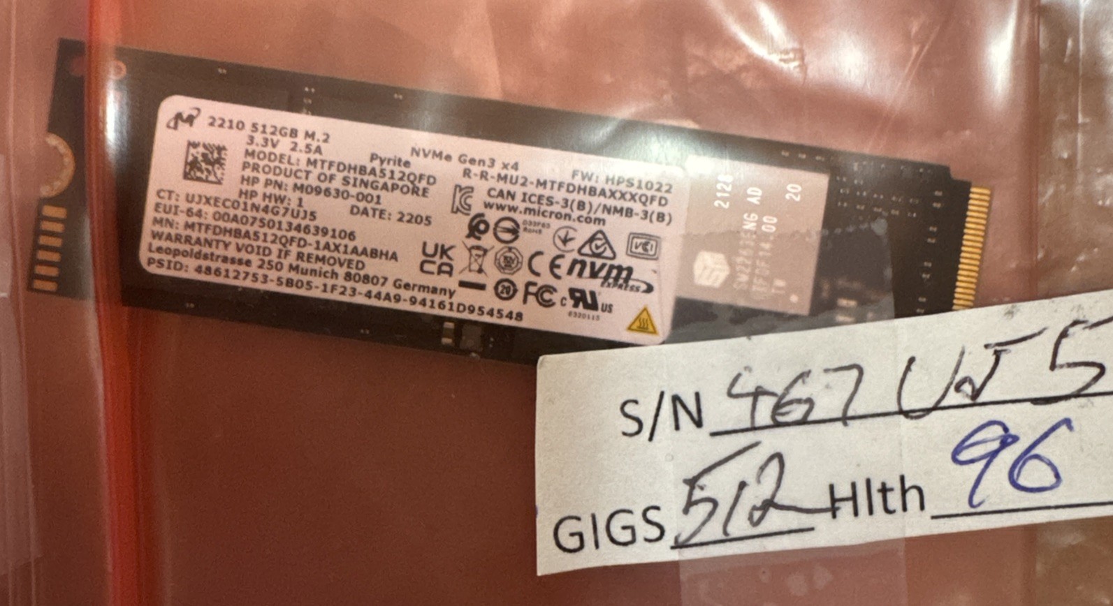 Micron 2210 512GB M.2 2280 NVMe PCIe 3.0 SSD MTFDHBA512QFD - 96% Healthy