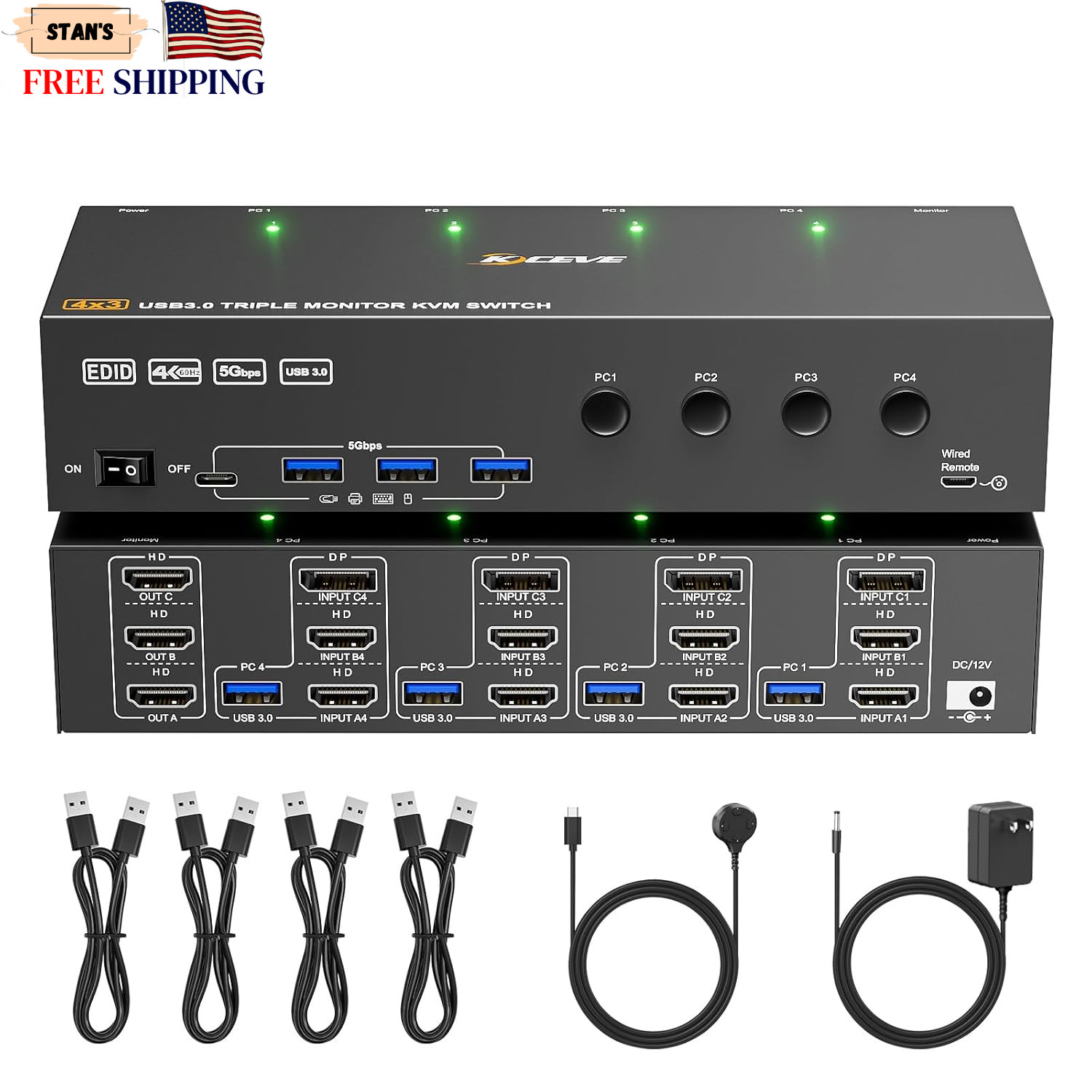 KVM Switch 3 Monitors 4 Computers 4K@60Hz EDID Simulation USB 3.0 HDMI Display