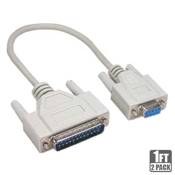 2 Pcs 1FT DB9 9-Pin Female to DB25 25-Pin Male Serial Cable Cord Converter Ivory