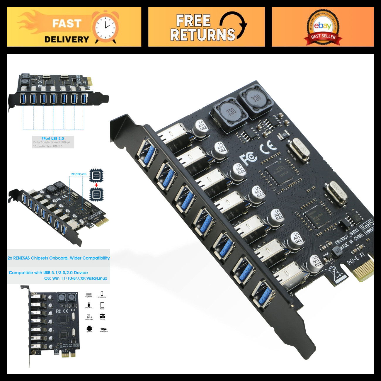 7-Port USB 3.0 PCIe Expansion Card Hub Adapter - 5Gbps High-Speed, No Power Need