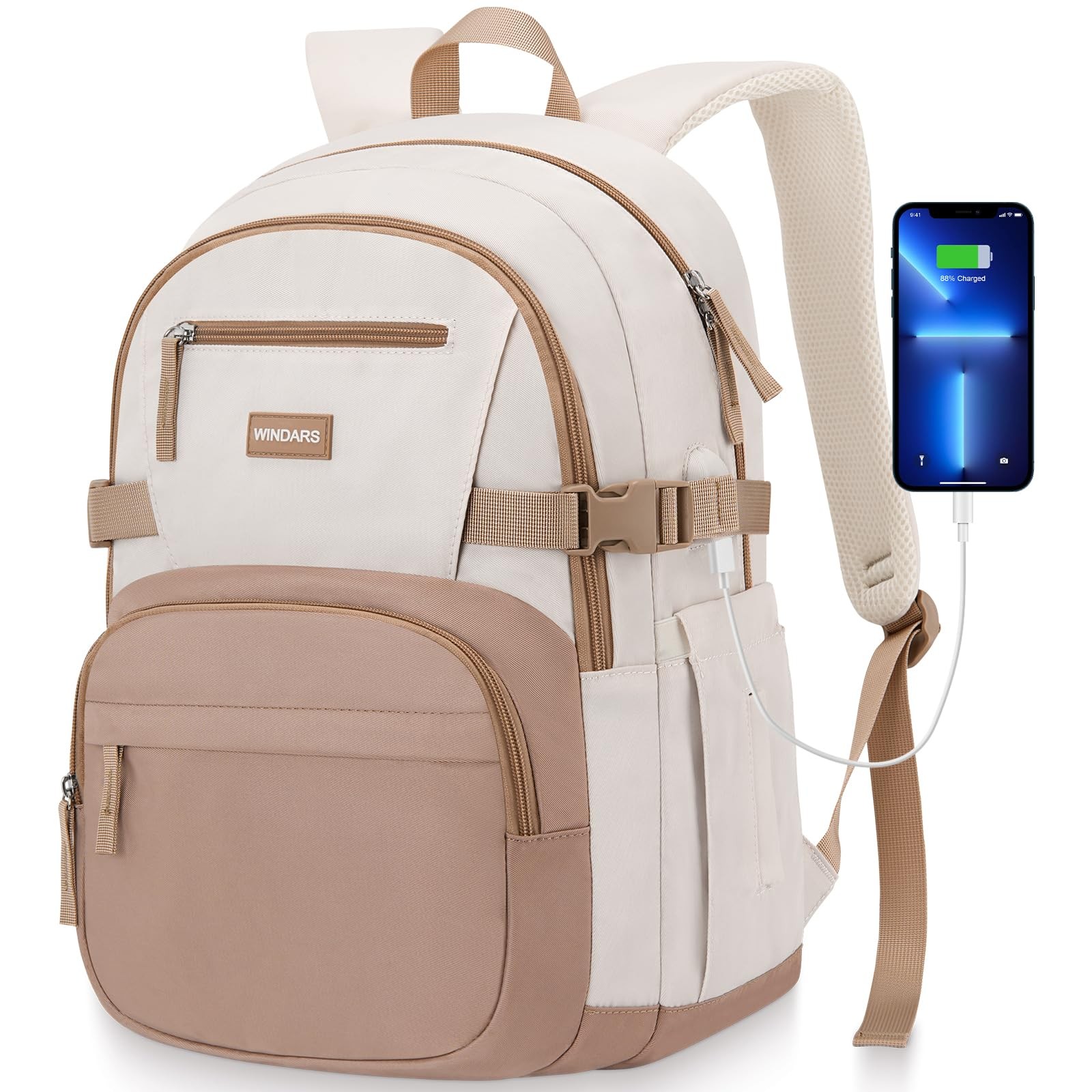 WINDARS Backpack for School Girls, Cute High 15.6 inch, Beige Khaki