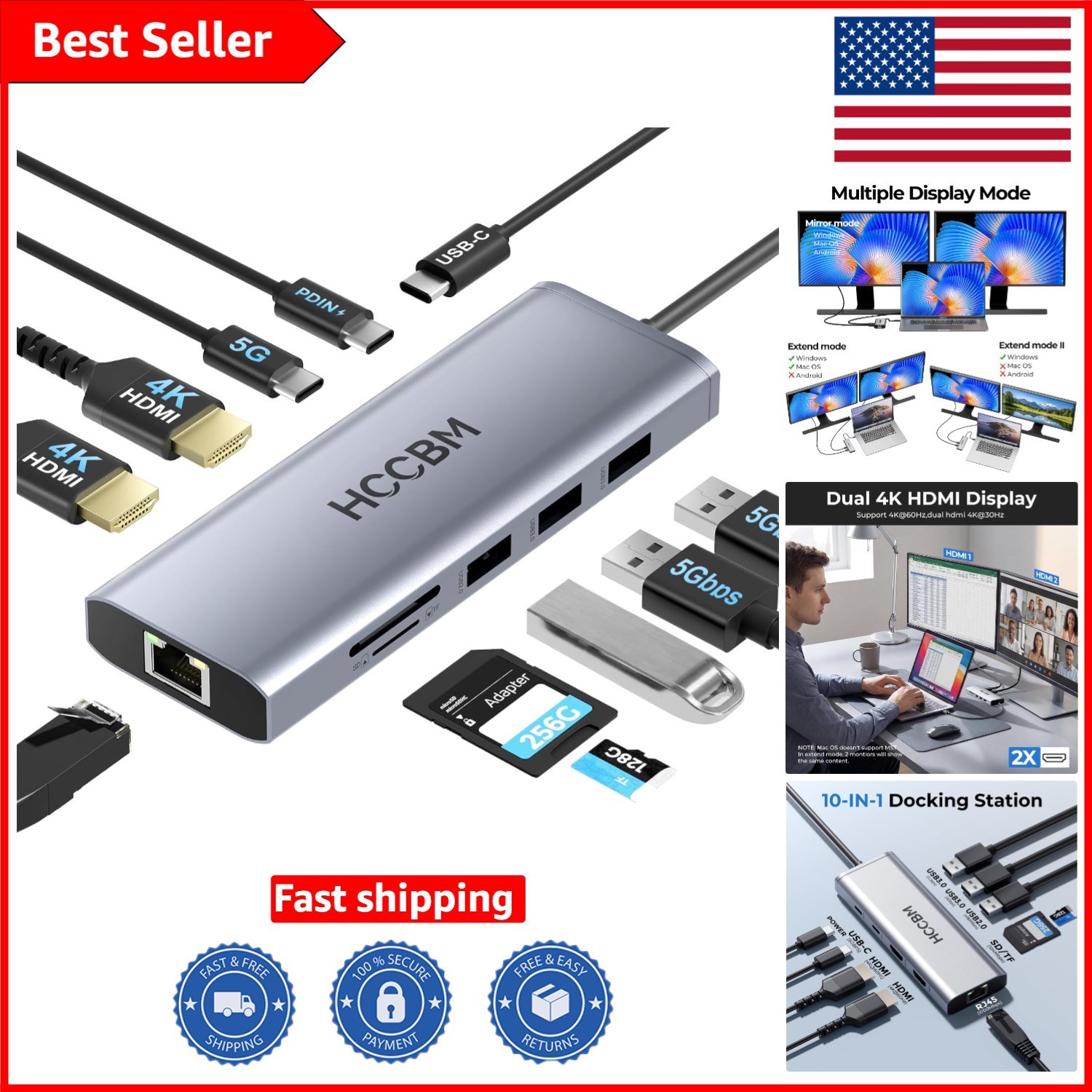Ultra-Light USB C Hub with Dual 4K HDMI Ports & Fast Charging for Laptops