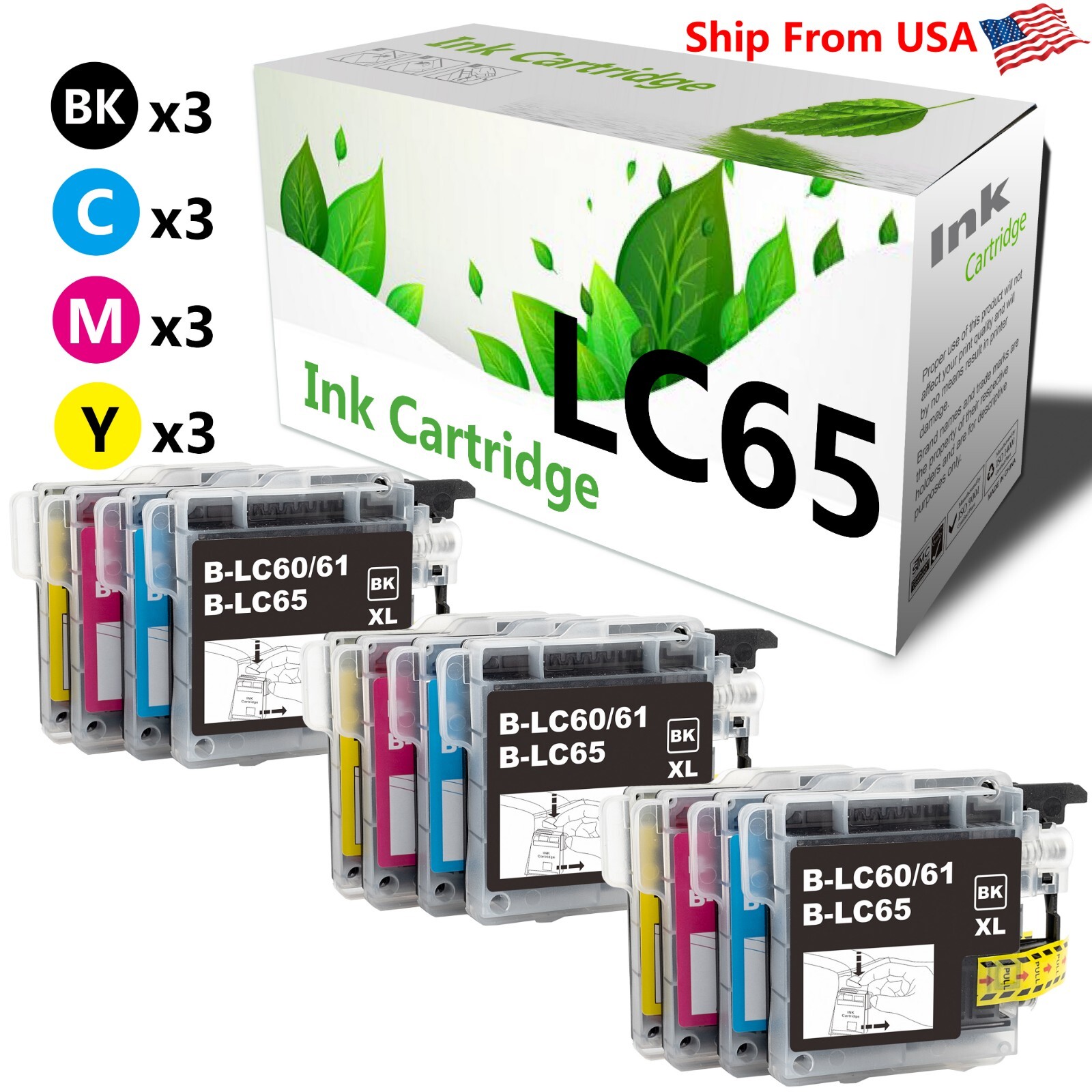 (12-Pack,3B3C3M3Y) LC65 Ink Cartridge LC-65 work with DCP-165C 375CW Printers