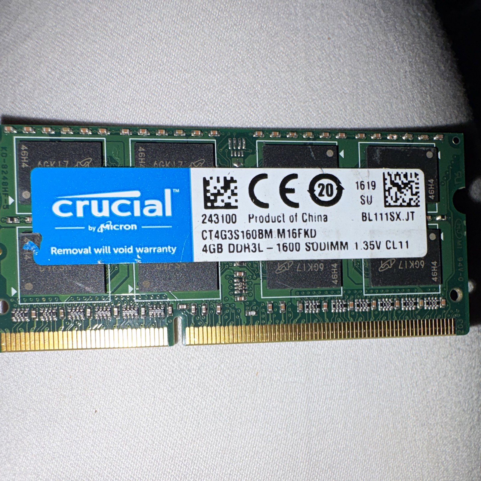 Crucial 4GB DDR3L SDRAM PC3L-12800S 204-Pin SO-DIMM Non-ECC CT4G3S160BM