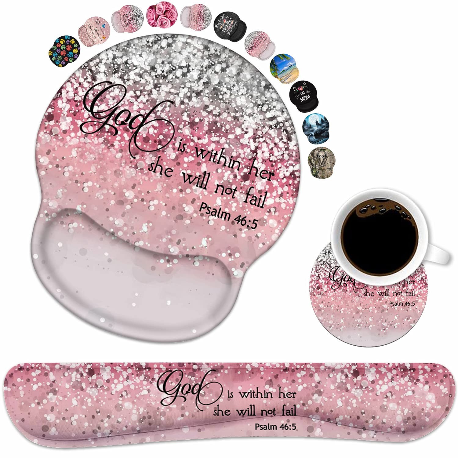Keyboard Wrist Rest and Mouse Medium, Glitter Quote Bible Verses Psalm 46:5