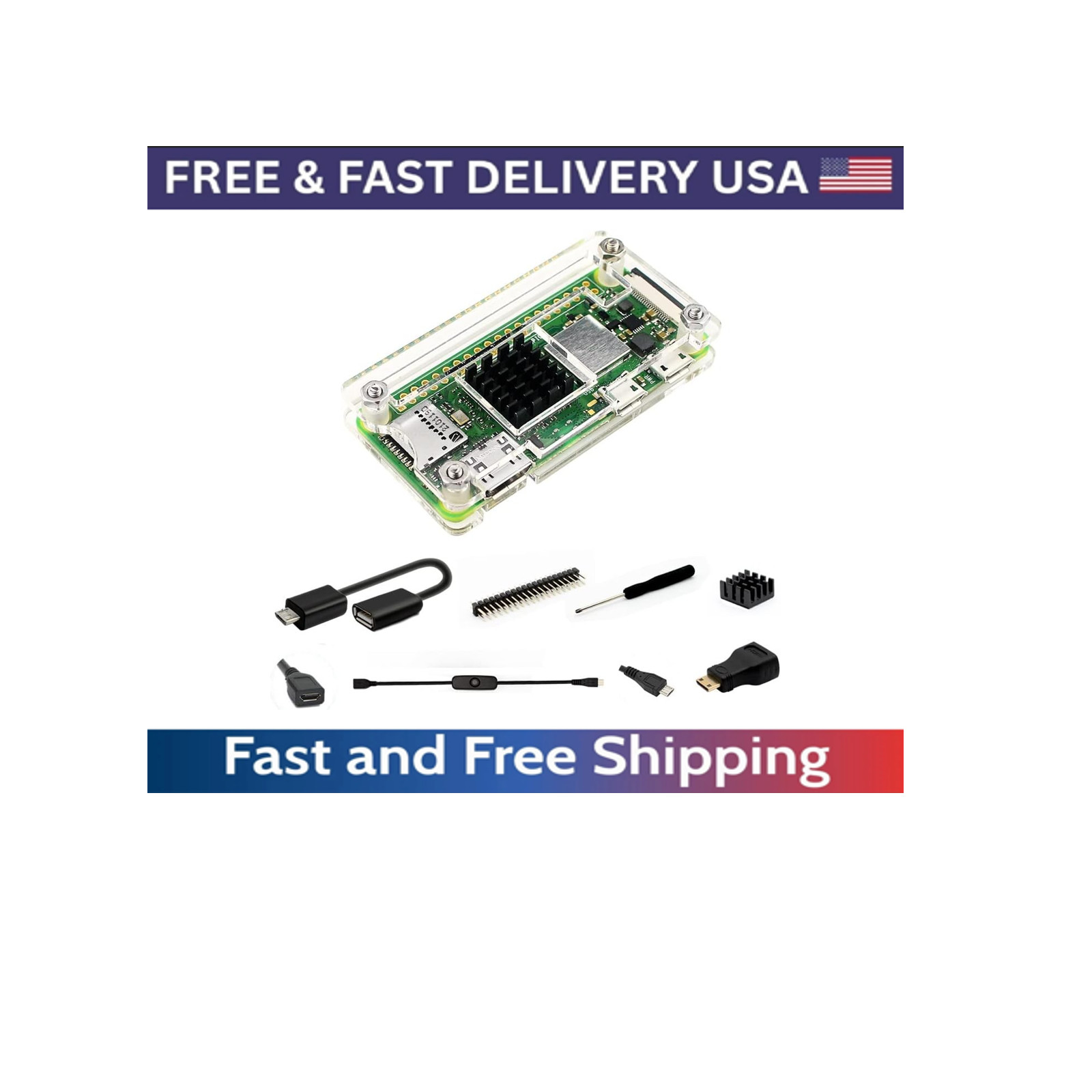 Raspberry Pi Zero Case Clear with Heatsink HDMI Adapter OTG Cable Header Power