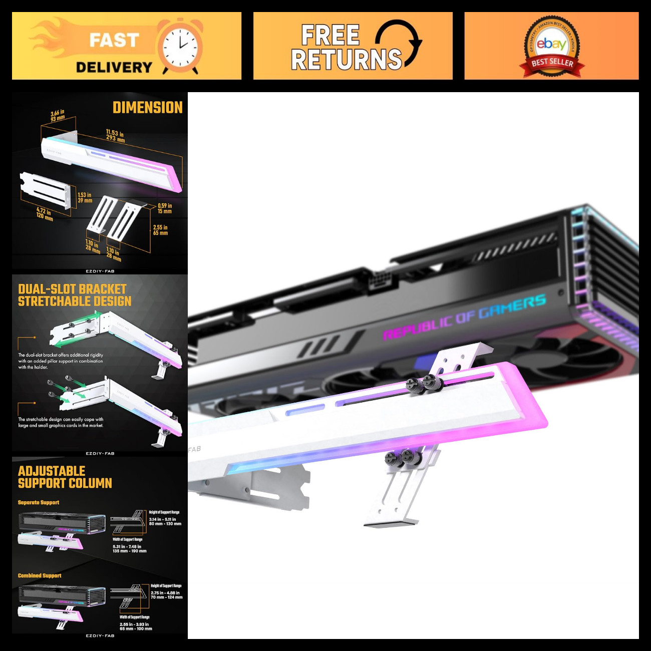 Adjustable ARGB GPU Holder Brace - Graphics Card Support Bracket for RX7990XTX,