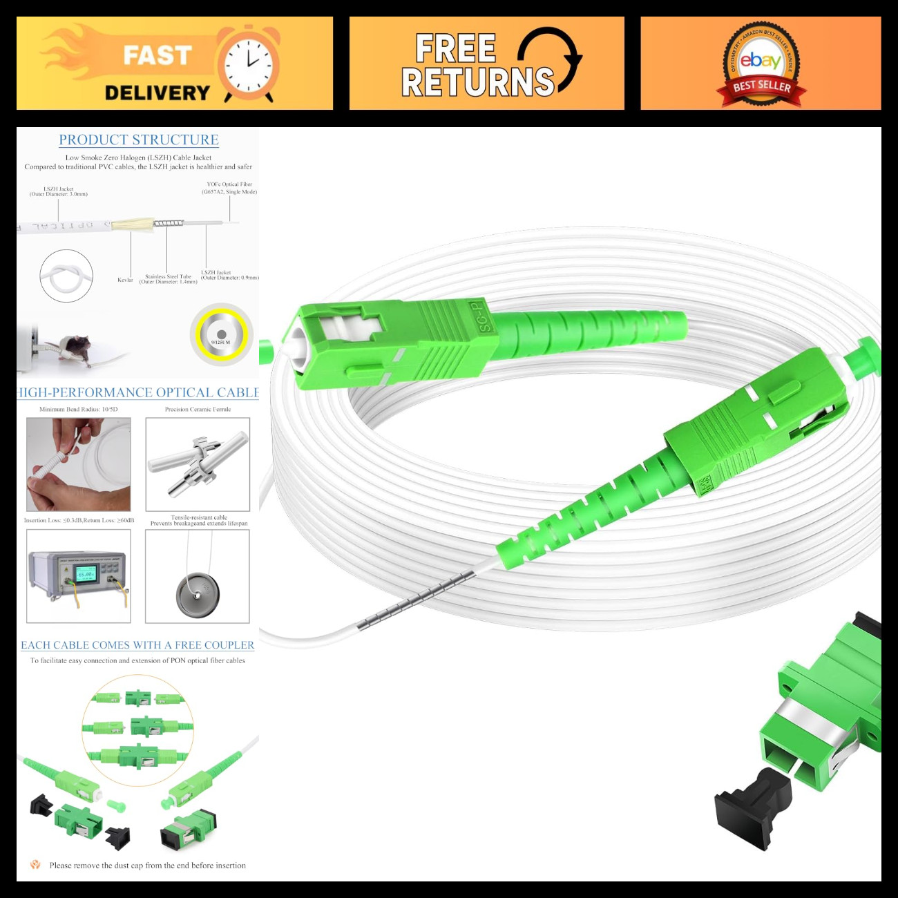 10m Armored Fiber Optic Cable SC/APC to SC/APC OS2 Simplex 9/125μm FTTH Patch Co