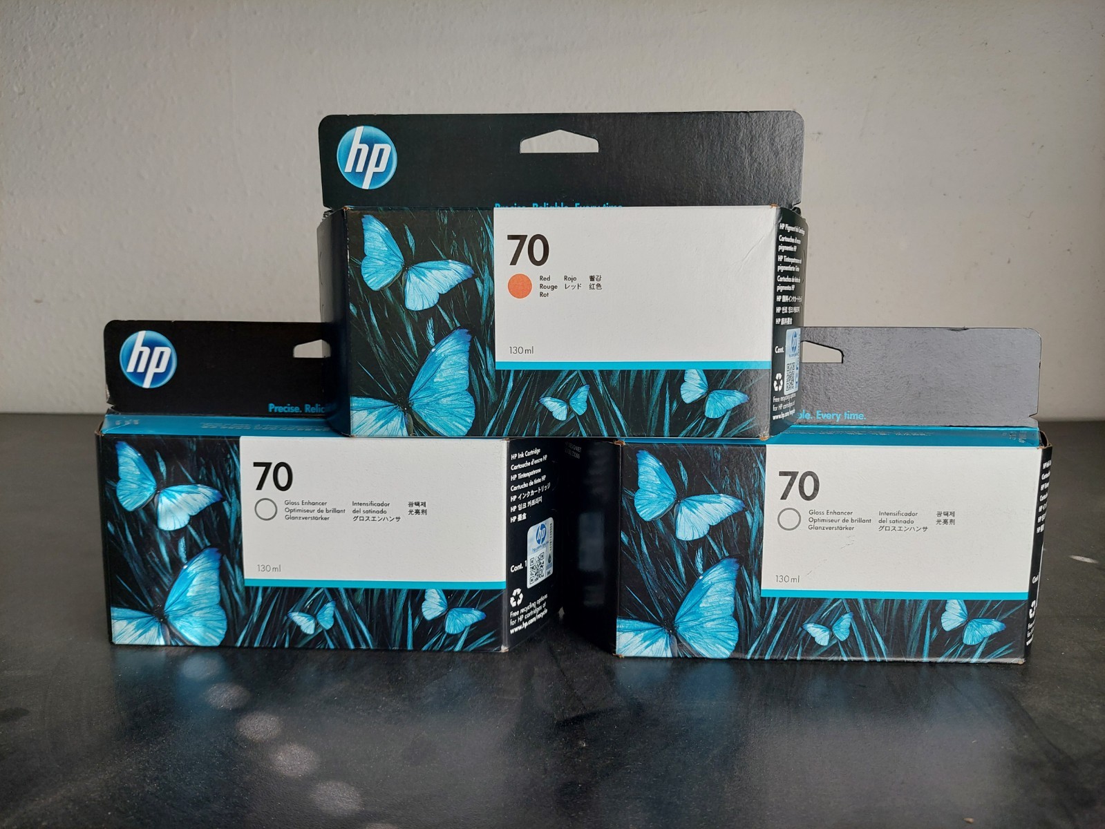 Lot of (3) HP 70 Genuine OEM Inkjet Cartridges: (1) Red , (2) Gloss Enhancer