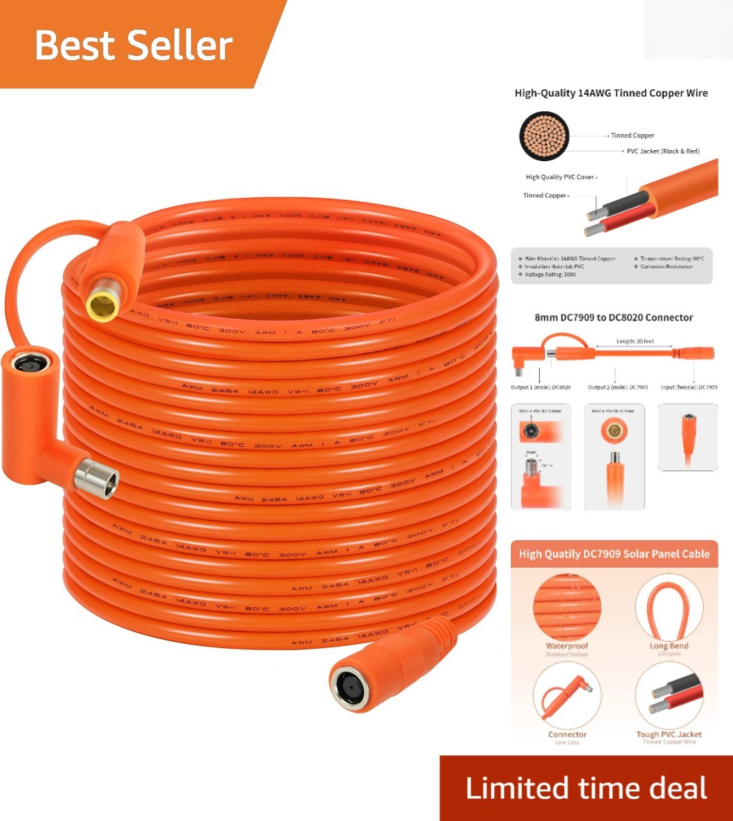Versatile 35FT 8mm DC Extension Cable with Tinned Copper for Solar Use