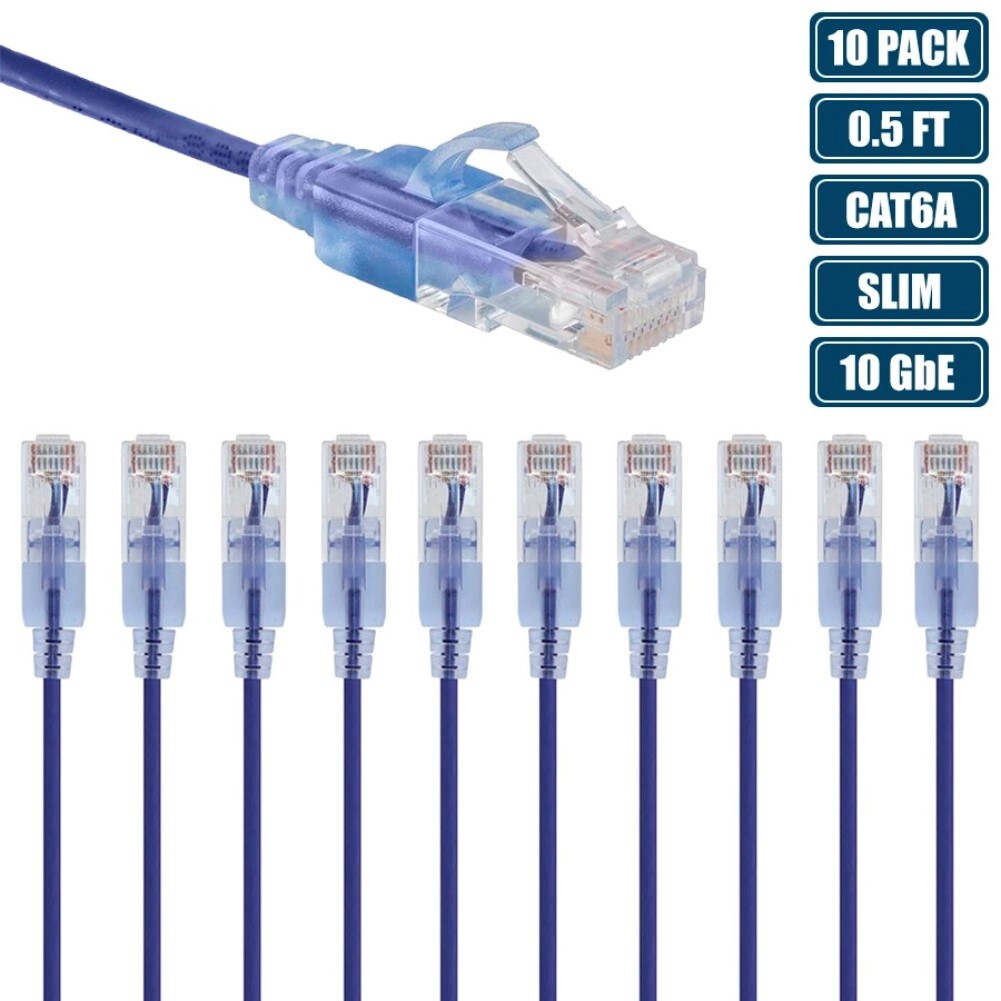 10x 0.5FT Cat6a RJ45 Ethernet LAN Network Patch Cable Slim 30AWG Copper Purple