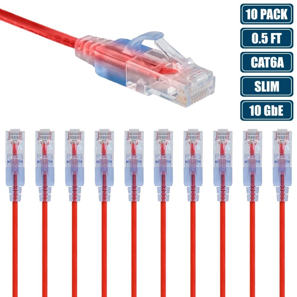 10x 0.5FT CAT6A RJ45 Ethernet LAN Network Patch Cable Slim Cord 30AWG Router RED