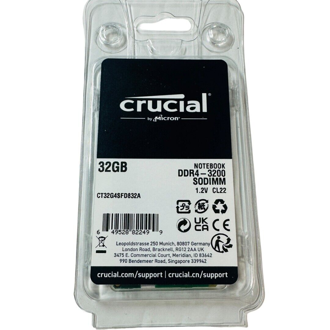 Crucial 32GB 3200MHz Non-ECC Unbuffered DDR4 Laptop Memory SODIMM CT32G4SFD832A
