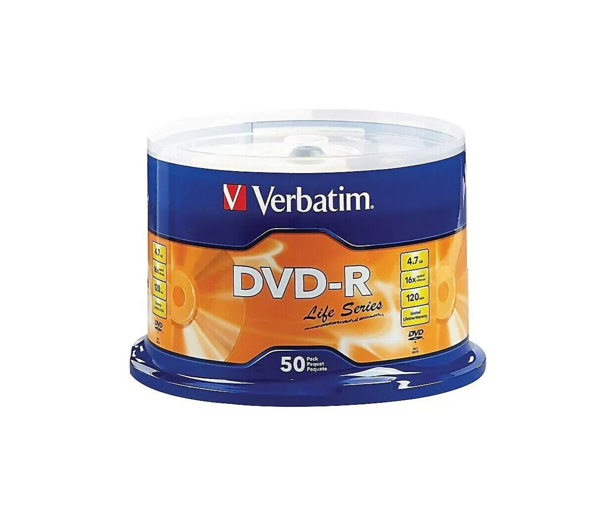 50 VERBATIM Blank DVD-R DVDR 16X 4.7GB Recordable Logo Branded Media Disc 97176