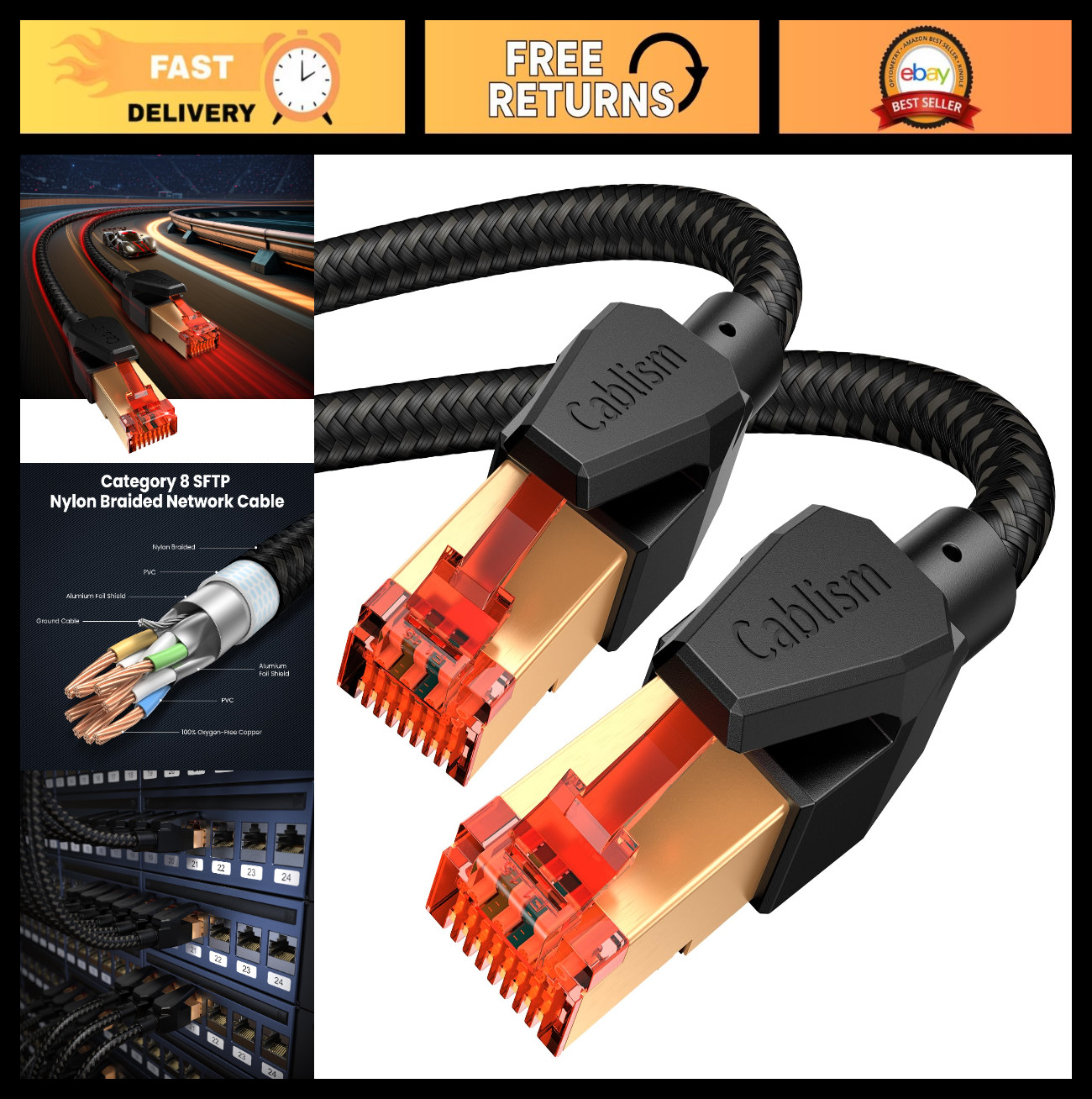 High-Speed Cat 8 Ethernet Cable 40FT, 40Gbps LAN Network RJ45, Nylon Braided, Go