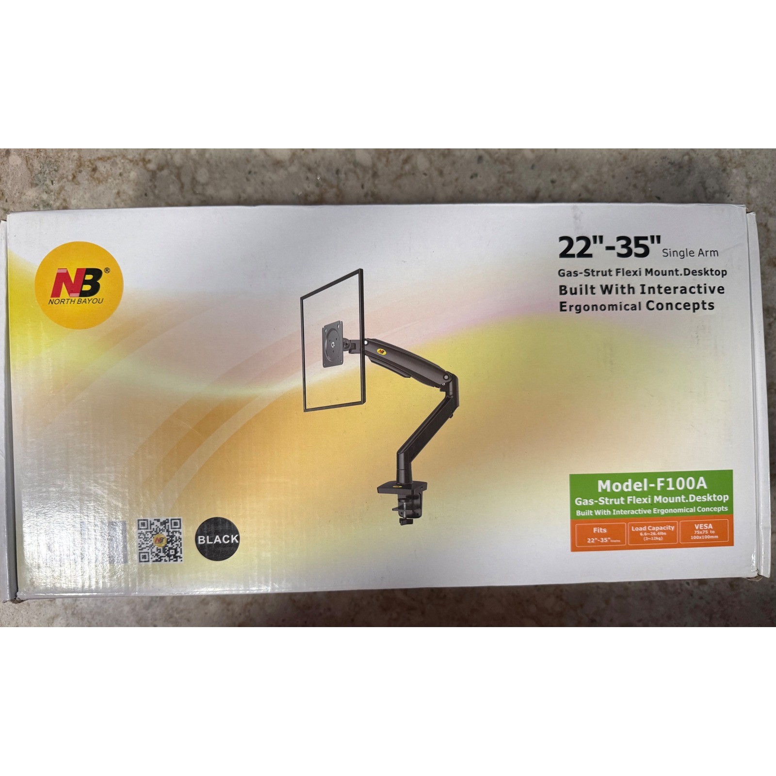 North Bayou NB F100A Monitor Arm Gas-Strut Flexi Mount 22-35 Inch Black Single