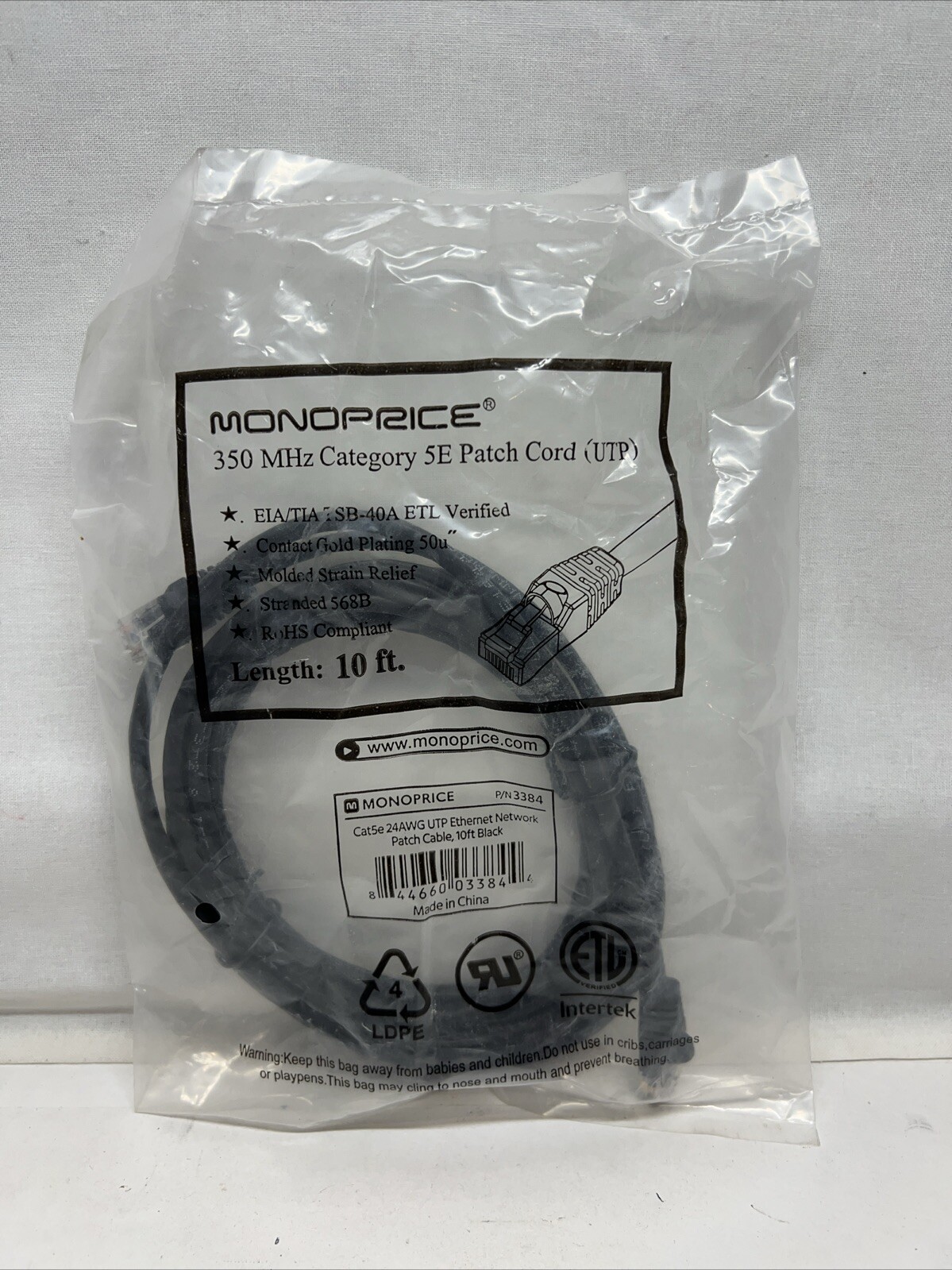NEW Monoprice Booted Cat 5E Ethernet Patch Cord Black10 ft. Part #3384