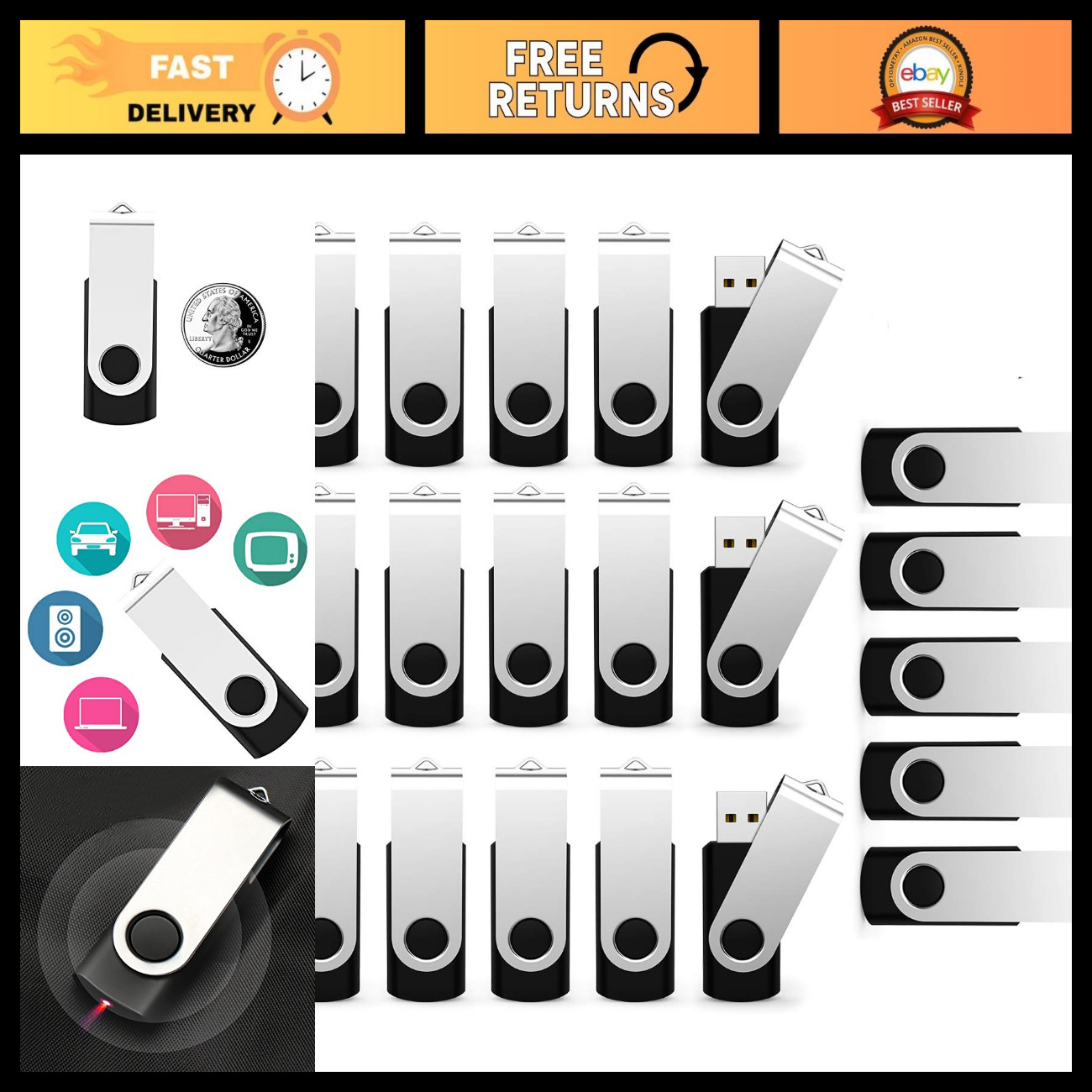32GB USB Flash Drive 20 Pack - Bulk Swivel Thumb Drives, Memory Stick Jump Drive
