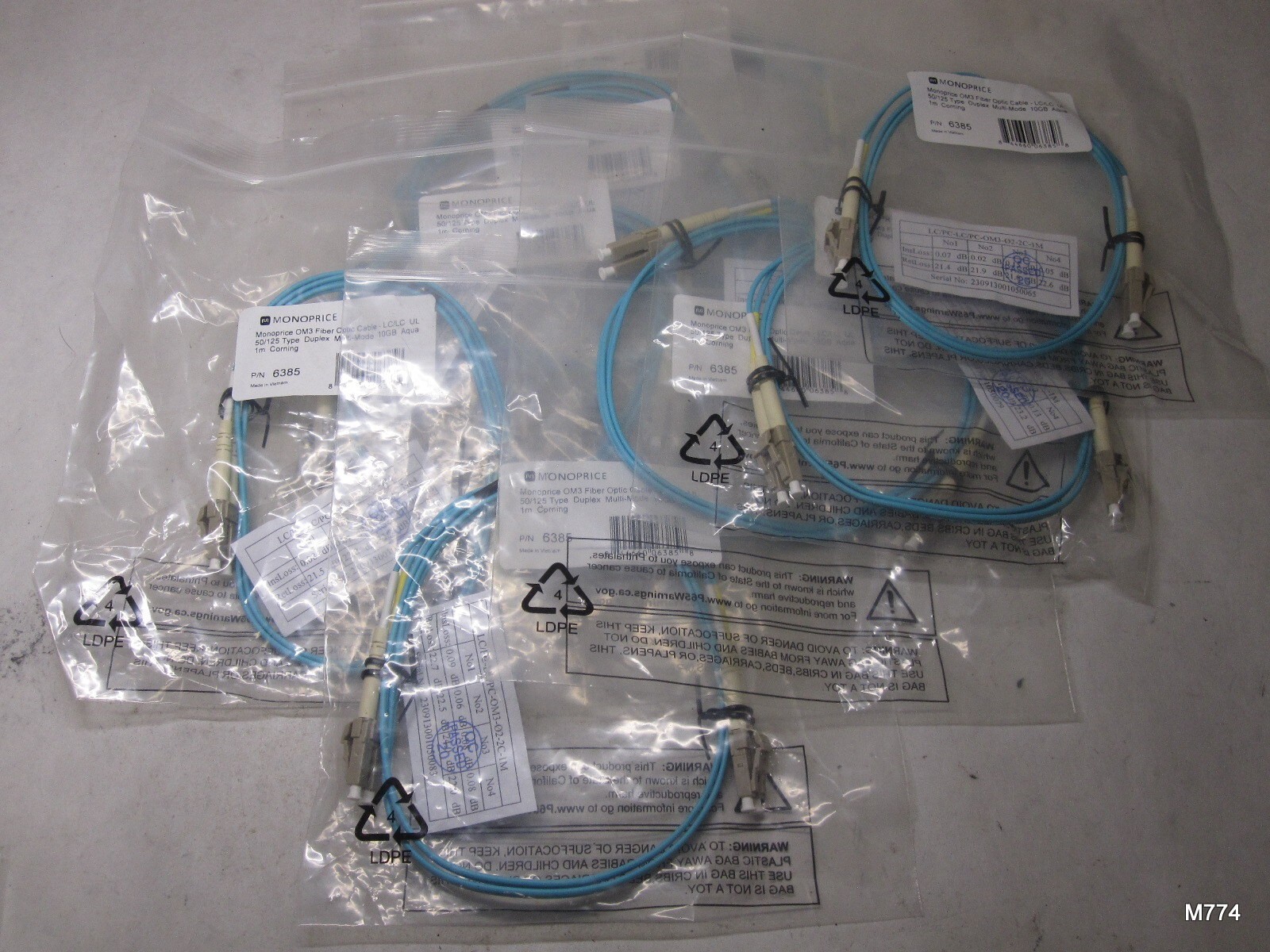 8 Qty Monoprice OM3 Fiber Optic Cable -LC/LC, 50/125Type, 10GB, Aqua,1m P/N:6385