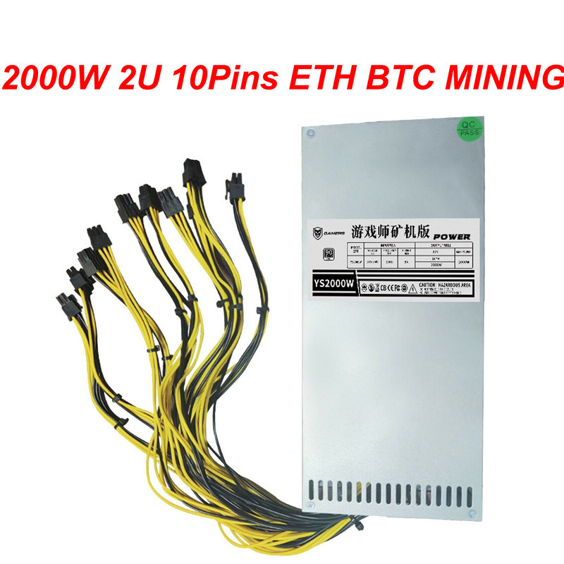 ETH BTC Mining Power Supply 2U Single Channel Miner PSU w/ 10xPCI 6 Pin 2000W US
