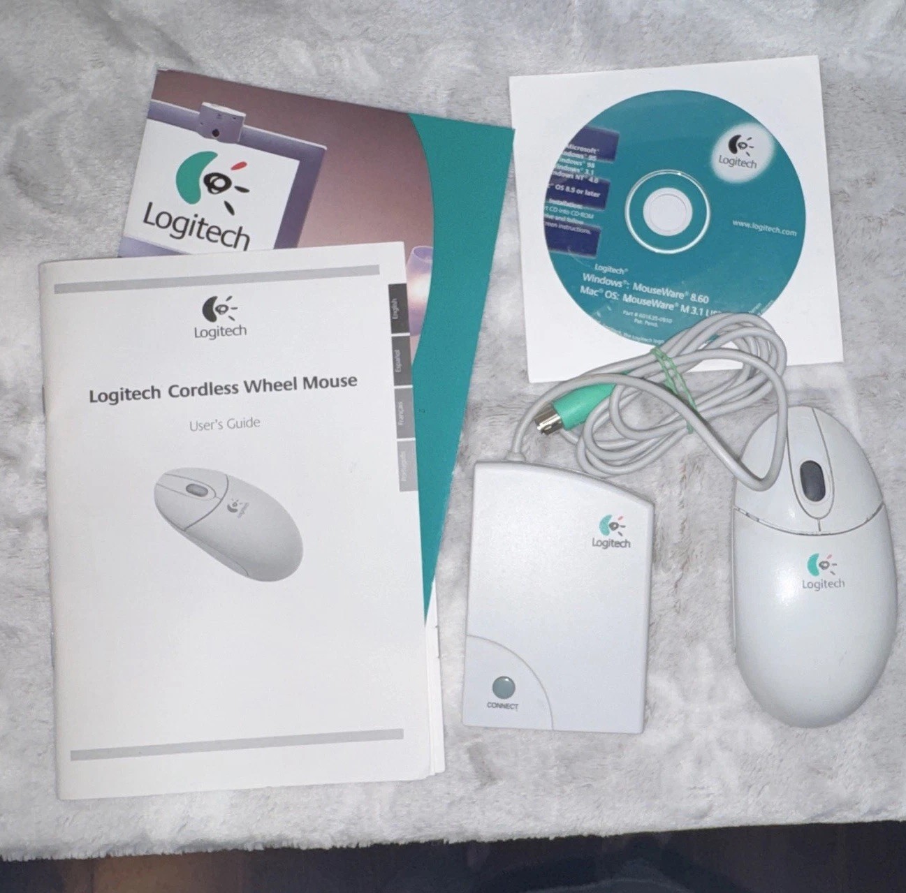 Logitech Cordless Wheel Mouse C-RC3-MSE Receiver Manual Software Box Complete