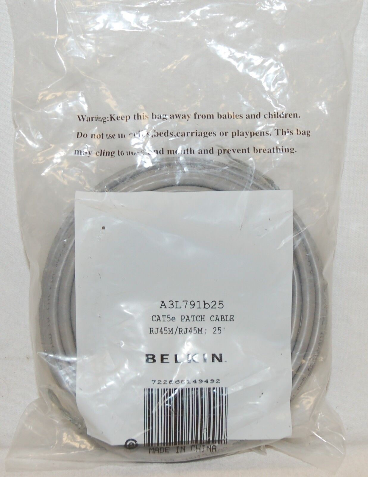 NEW Belkin A3L791B25 GRAY Cat5e Cabling 25' Length Home & Office Network RJ-45