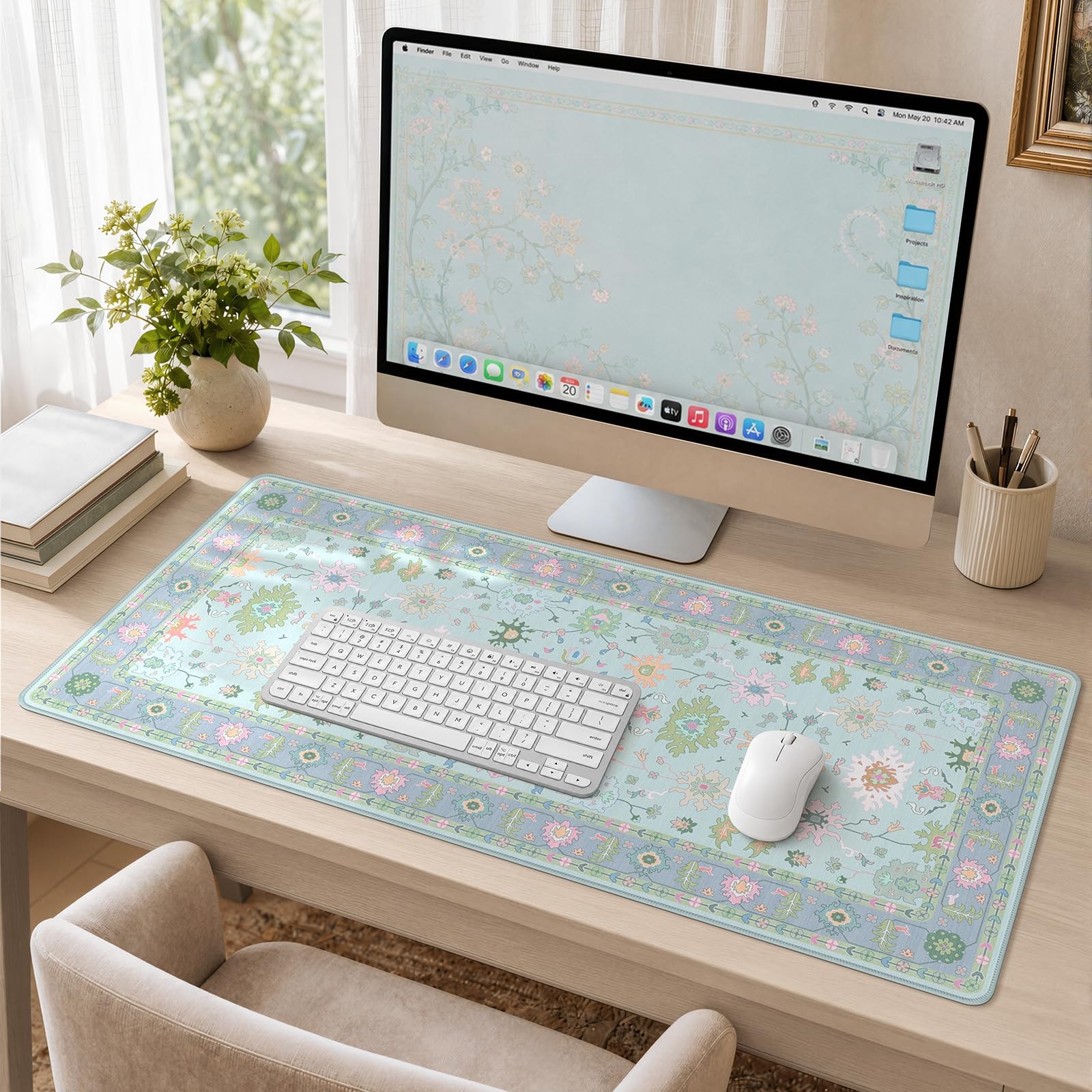 Aesthetic Floral Mouse Pads Desk XXL Computer Mat Blue Large Keyboard Pad