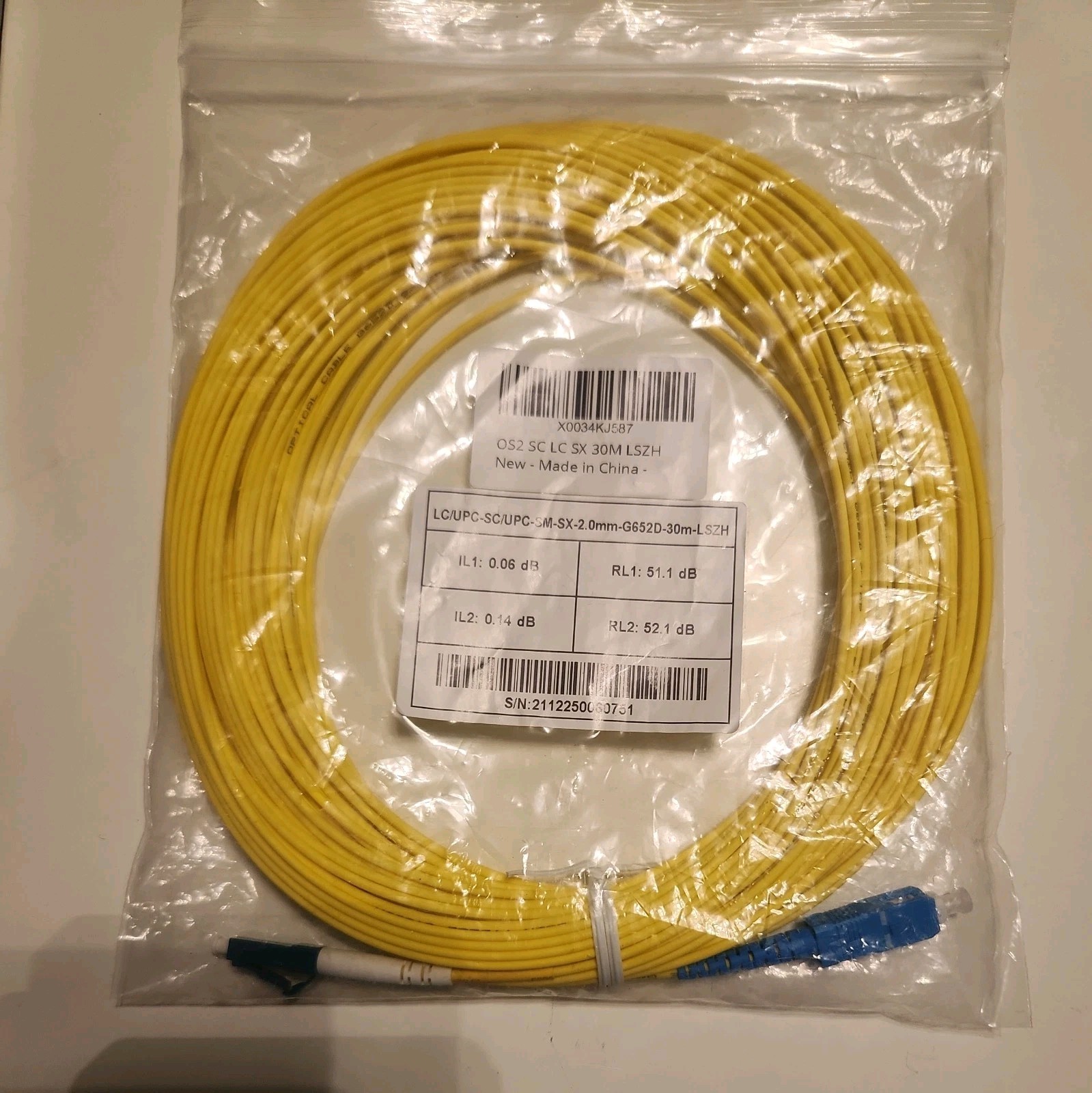 30 meters LC/APC to SC/APC Fiber Optic Patch Cable Single Mode Simplex 