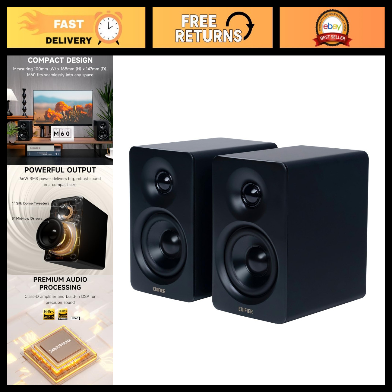 High-Power 66W RMS Multimedia Speakers for PC, Home Theater, & Gaming - Black