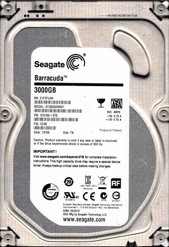 ST3000DM001 P/N: 1CH166-575 F/W: CC49 TK Z1F 09/2013 Seagate 3TB