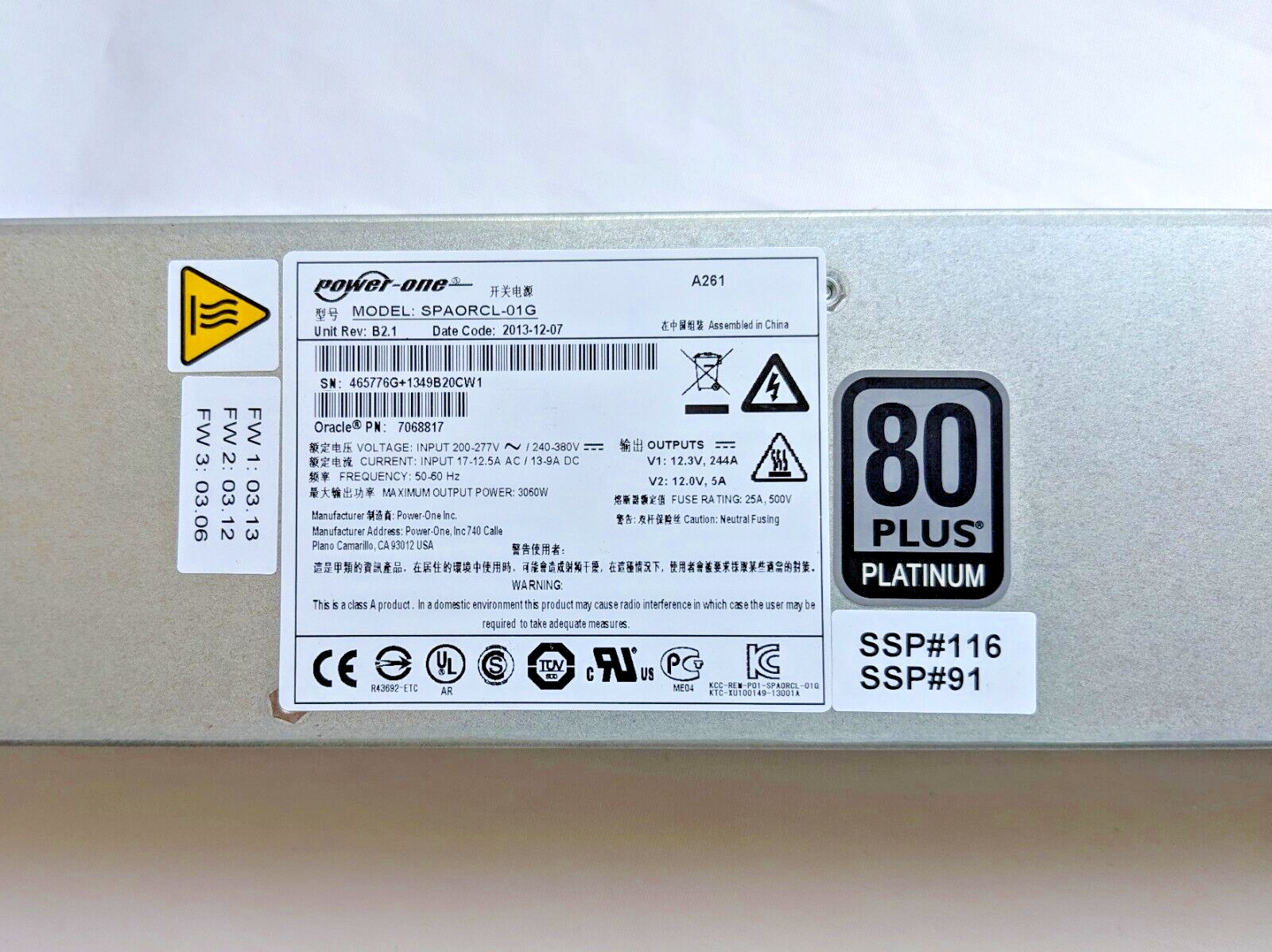 SUN Oracle 7068817 7081596 Type A261 3000 Watt AC Input Power Supply T5-4 T5-8