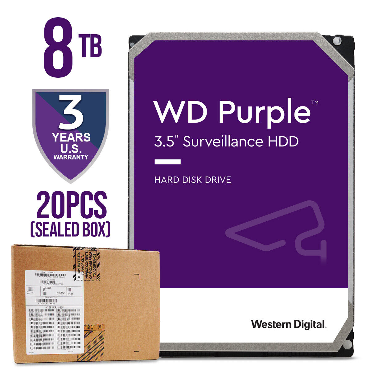 20PC/Box, Western Digital Purple 8TB,Internal Hard Drive,7200RPM,3.5