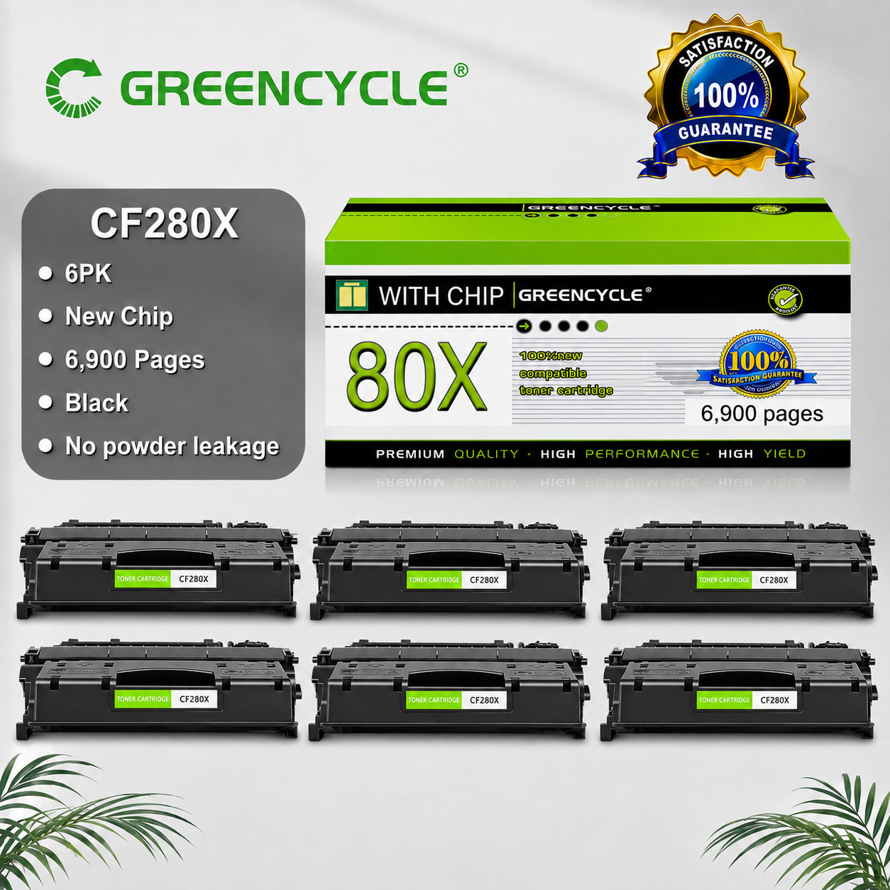 GREENCYCLE - 6 Pack CF280X 80X Toner for HP LaserJet Pro 400 M401dw MFP M425dn