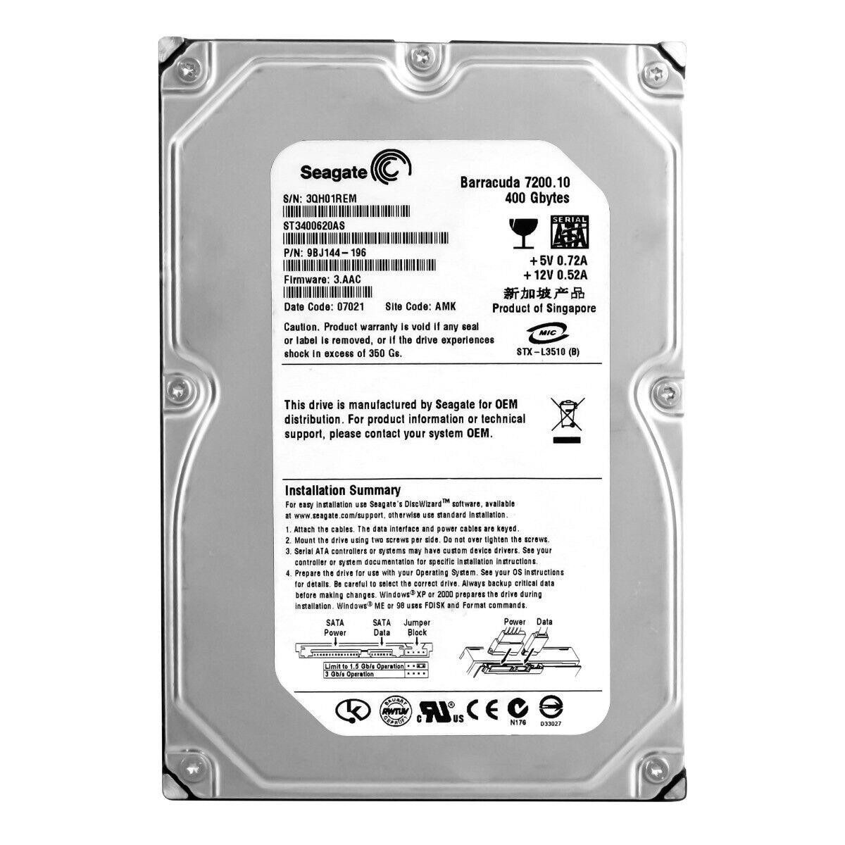 Seagate BarraCuda 7200.10 ST3400620AS 400GB 7200 RPM 16MB Cache SATA 3.0Gb/s 3