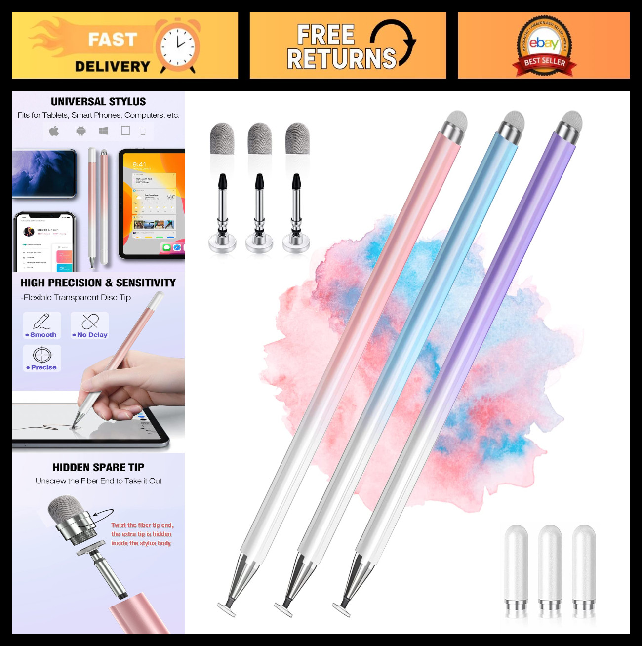 2-in-1 High Precision Stylus Pens for Touch Screens - Universal 3 Pack (Blue, Pi